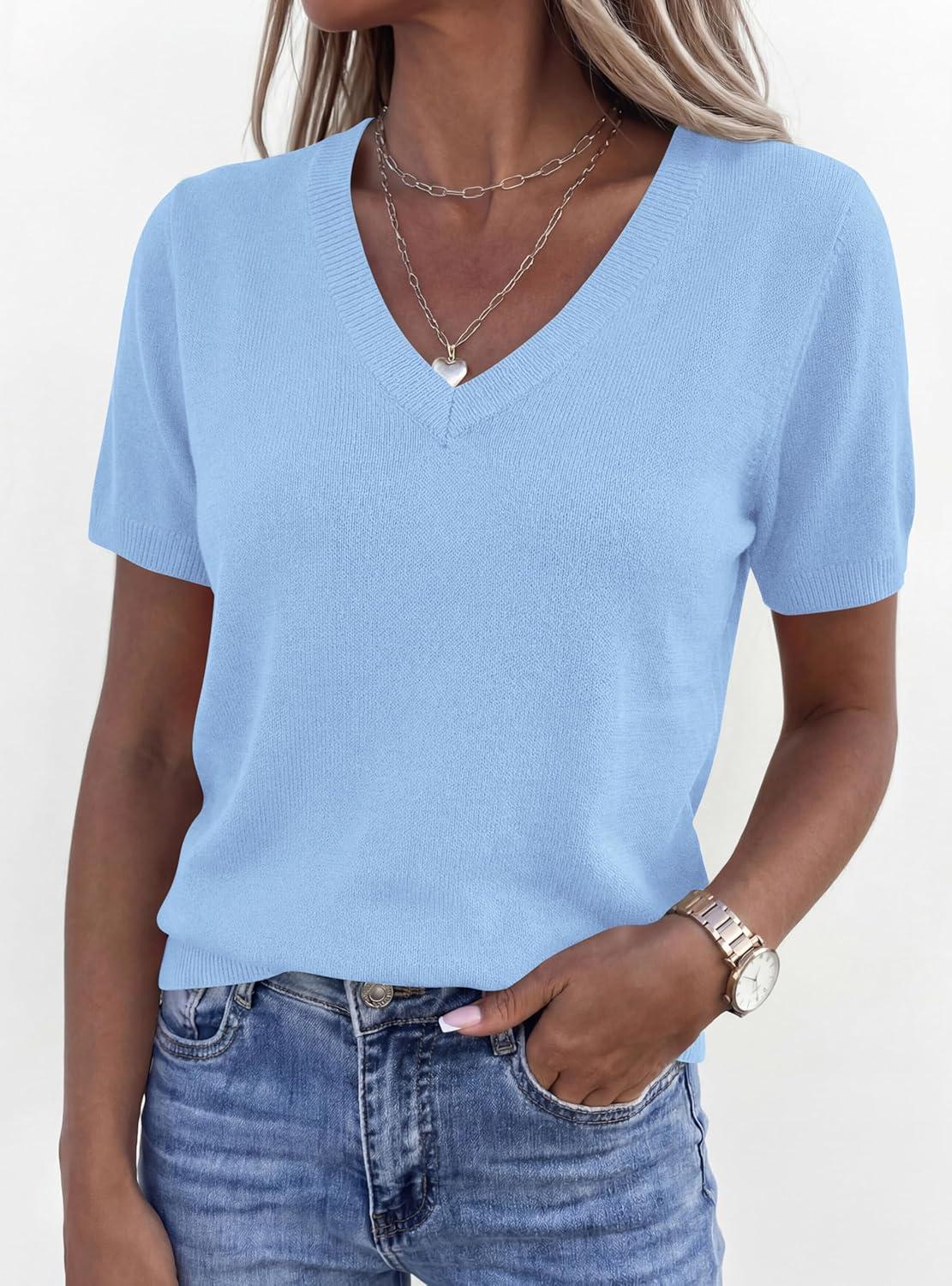 imagePRETTYGARDEN Womens Short Sleeve Sweater V Neck Trendy Pullover Tops 2026 Summer Spring Loose Lightweight Casual BlouseLight Blue