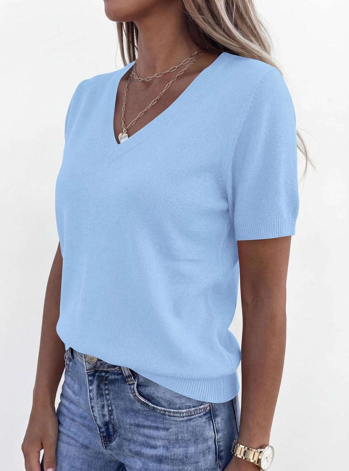 imagePRETTYGARDEN Womens Short Sleeve Sweater V Neck Trendy Pullover Tops 2026 Summer Spring Loose Lightweight Casual BlouseLight Blue