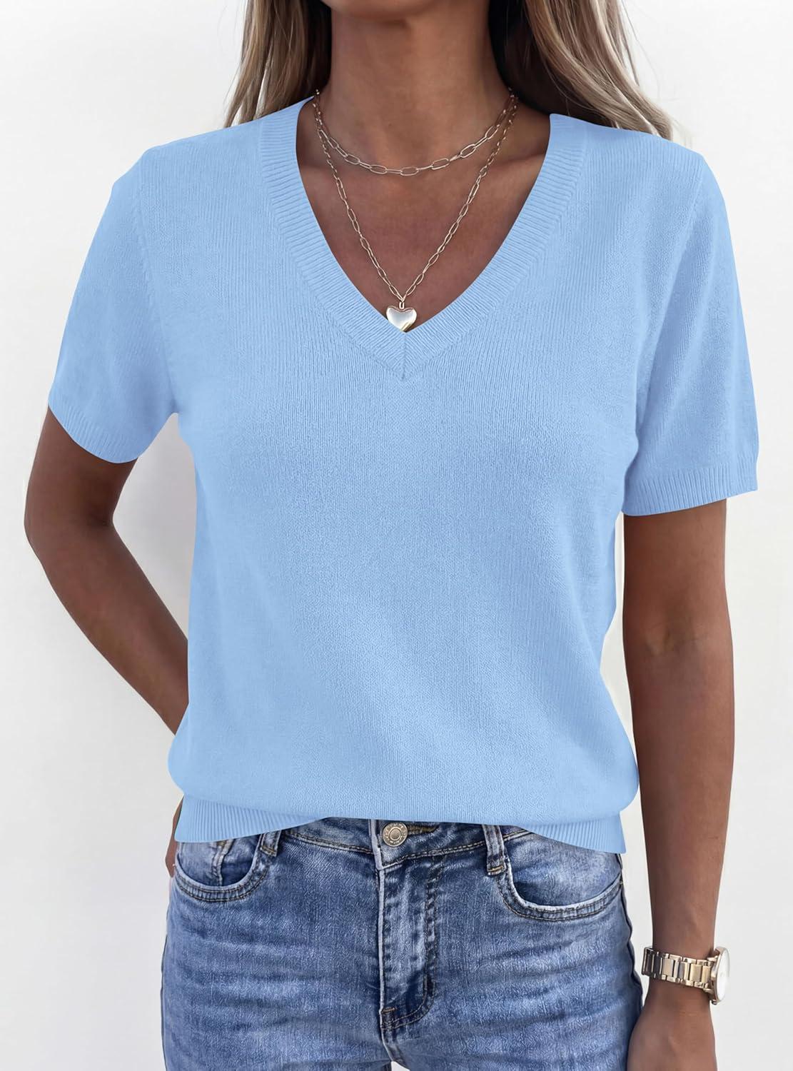 imagePRETTYGARDEN Womens Short Sleeve Sweater V Neck Trendy Pullover Tops 2026 Summer Spring Loose Lightweight Casual BlouseLight Blue