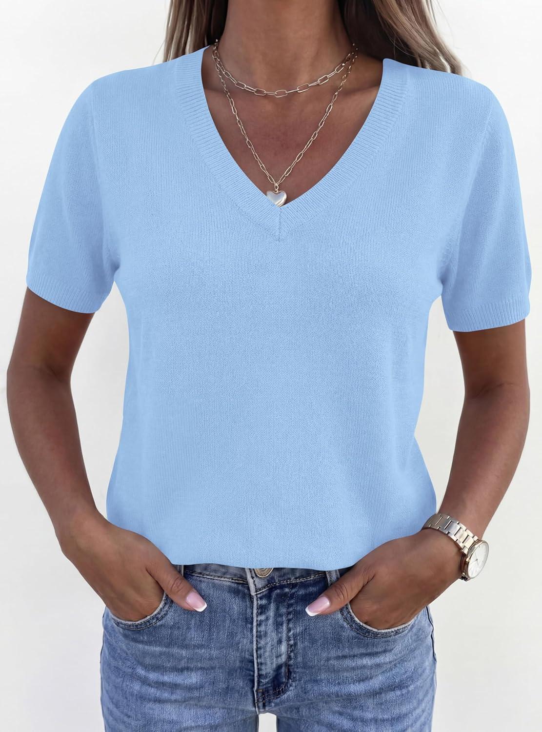 imagePRETTYGARDEN Womens Short Sleeve Sweater V Neck Trendy Pullover Tops 2026 Summer Spring Loose Lightweight Casual BlouseLight Blue