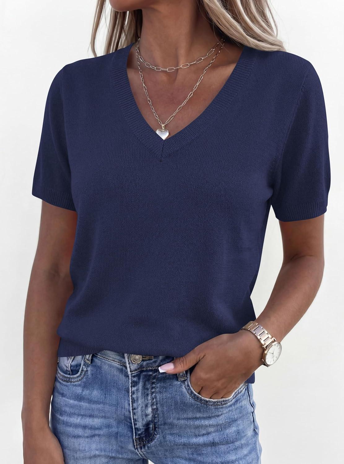 imagePRETTYGARDEN Womens Short Sleeve Sweater V Neck Trendy Pullover Tops 2026 Summer Spring Loose Lightweight Casual BlouseNavy Blue