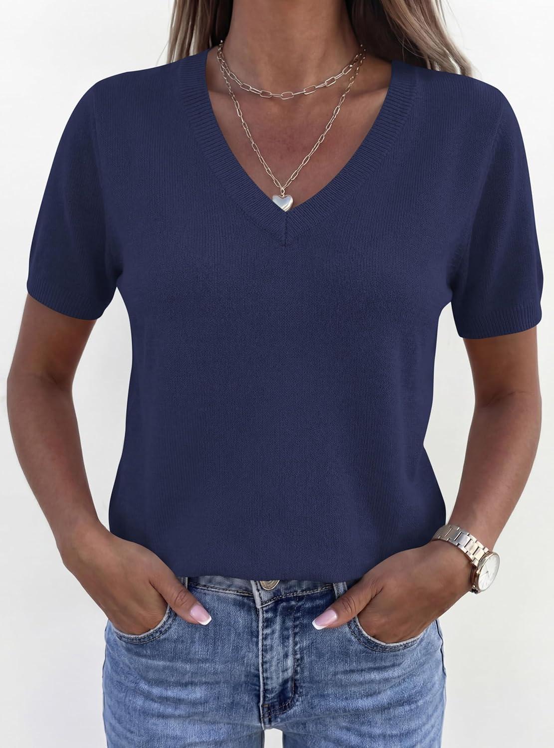 imagePRETTYGARDEN Womens Short Sleeve Sweater V Neck Trendy Pullover Tops 2026 Summer Spring Loose Lightweight Casual BlouseNavy Blue