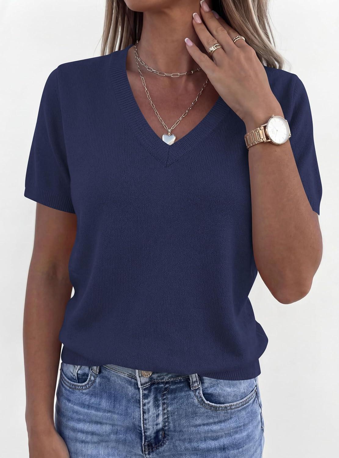 imagePRETTYGARDEN Womens Short Sleeve Sweater V Neck Trendy Pullover Tops 2026 Summer Spring Loose Lightweight Casual BlouseNavy Blue
