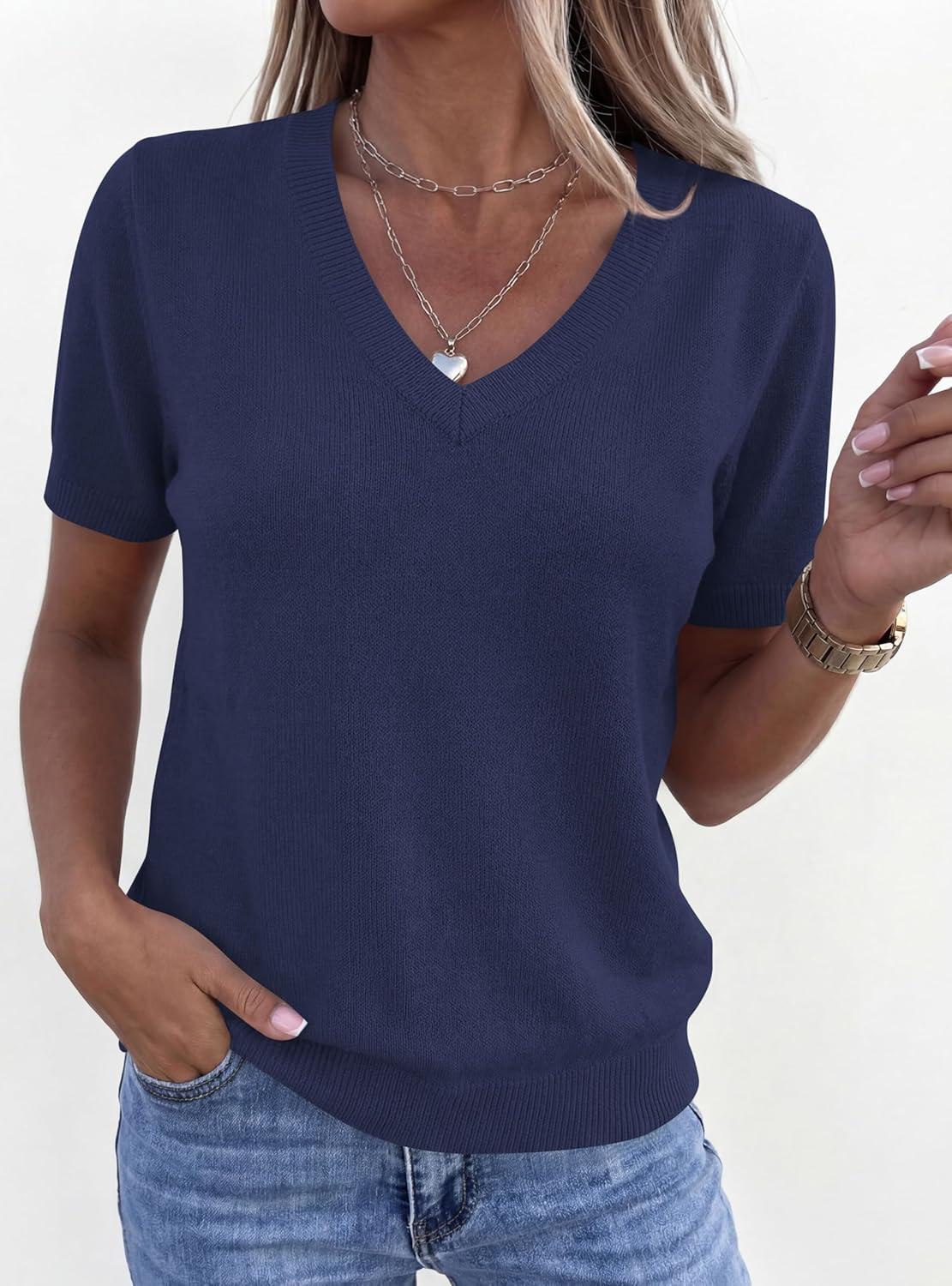 imagePRETTYGARDEN Womens Short Sleeve Sweater V Neck Trendy Pullover Tops 2026 Summer Spring Loose Lightweight Casual BlouseNavy Blue