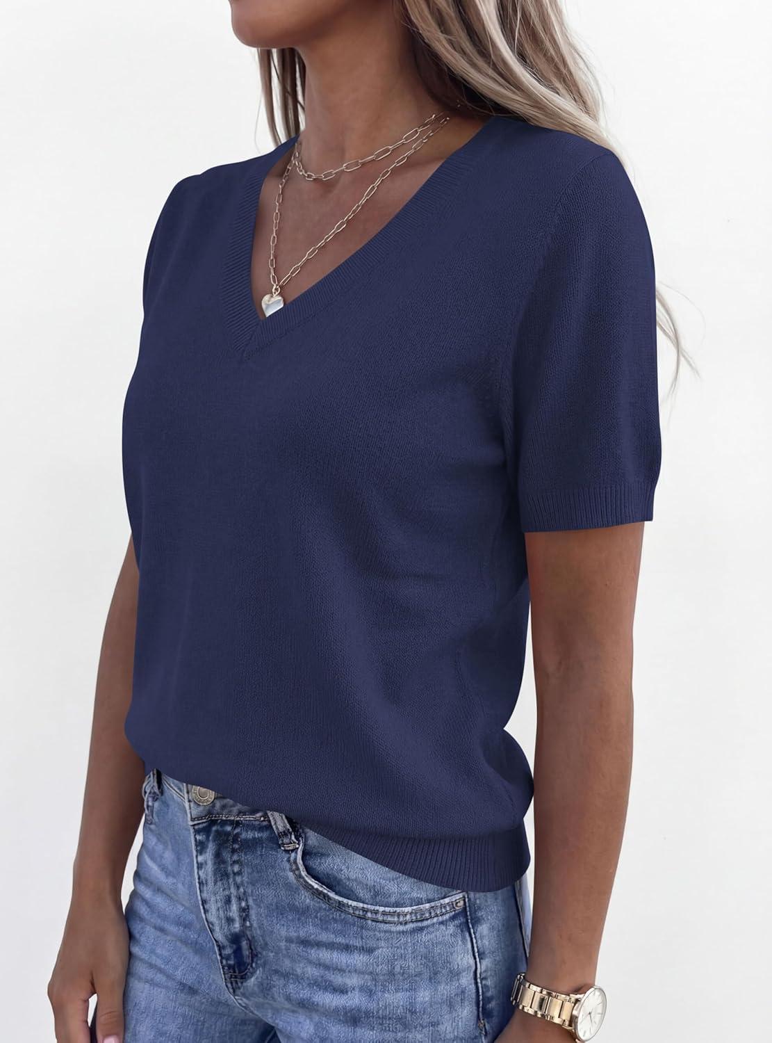 imagePRETTYGARDEN Womens Short Sleeve Sweater V Neck Trendy Pullover Tops 2026 Summer Spring Loose Lightweight Casual BlouseNavy Blue