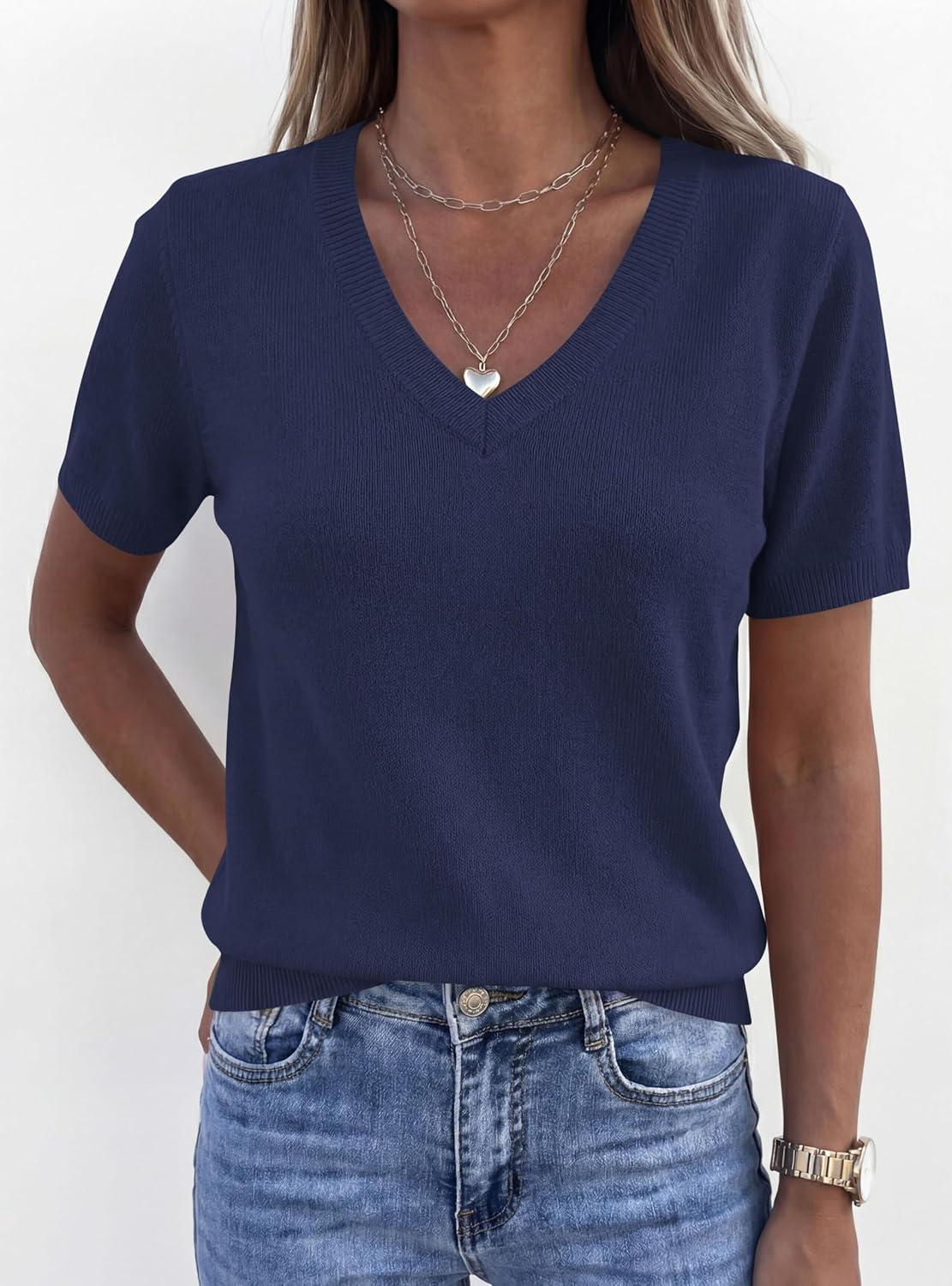 imagePRETTYGARDEN Womens Short Sleeve Sweater V Neck Trendy Pullover Tops 2026 Summer Spring Loose Lightweight Casual BlouseNavy Blue