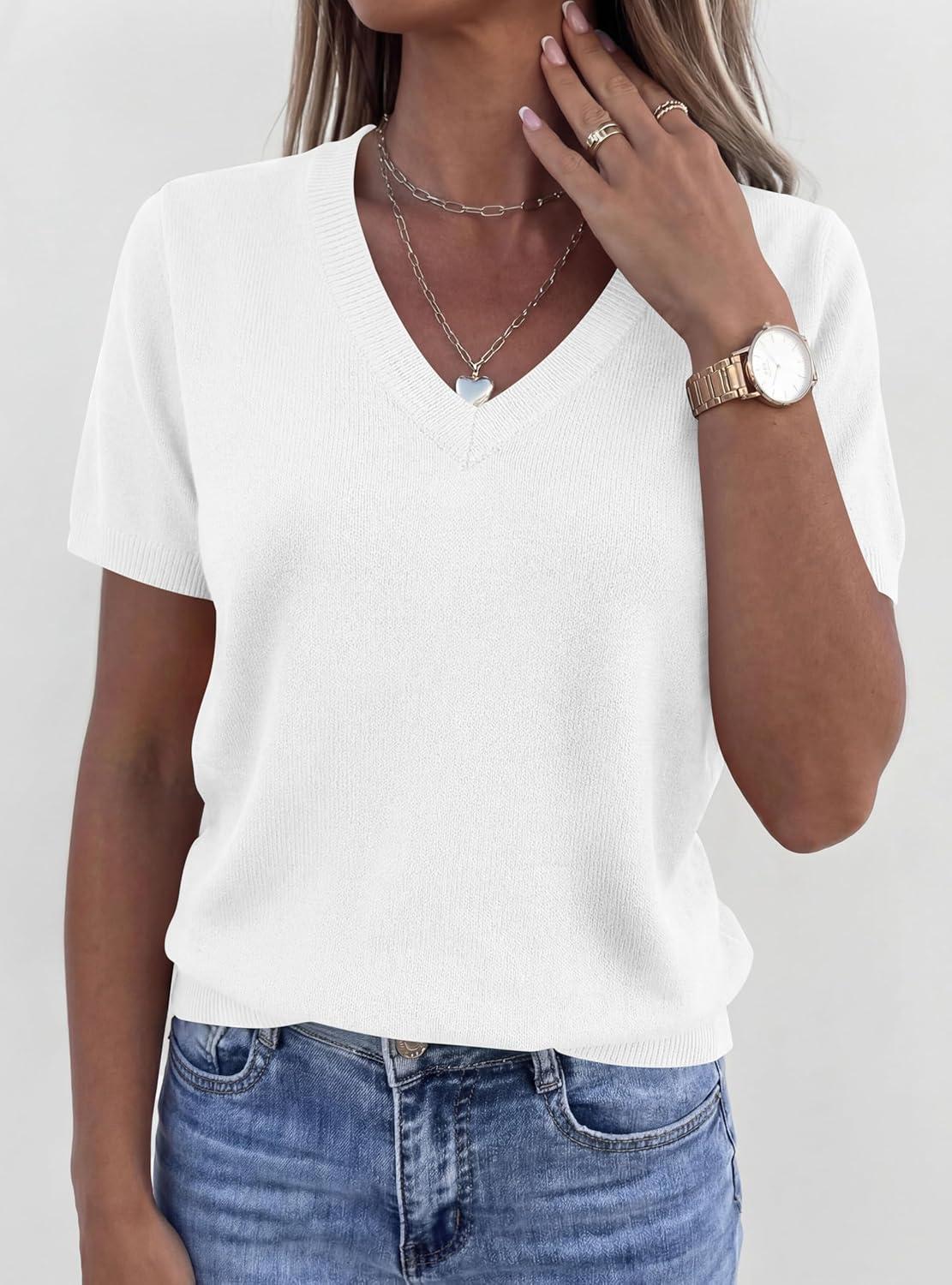 imagePRETTYGARDEN Womens Short Sleeve Sweater V Neck Trendy Pullover Tops 2026 Summer Spring Loose Lightweight Casual BlouseWhite