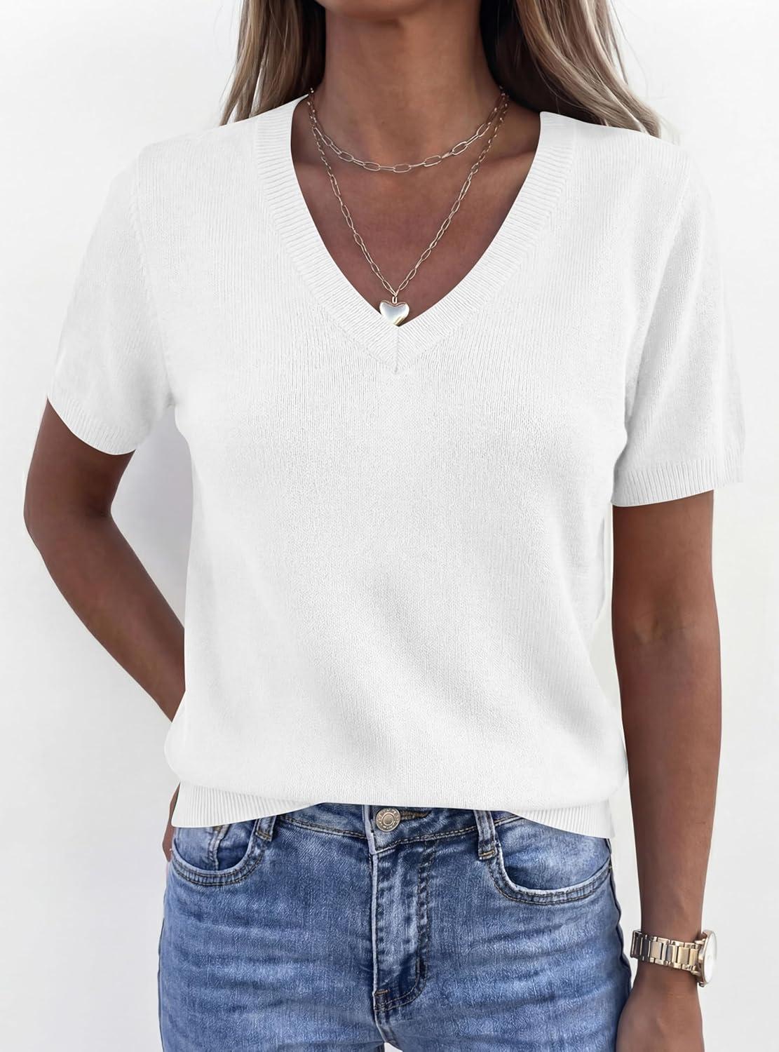 imagePRETTYGARDEN Womens Short Sleeve Sweater V Neck Trendy Pullover Tops 2026 Summer Spring Loose Lightweight Casual BlouseWhite