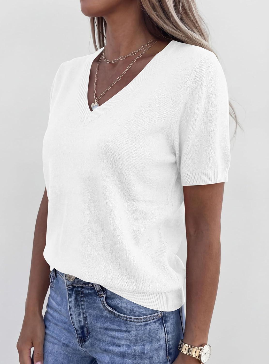 imagePRETTYGARDEN Womens Short Sleeve Sweater V Neck Trendy Pullover Tops 2026 Summer Spring Loose Lightweight Casual BlouseWhite