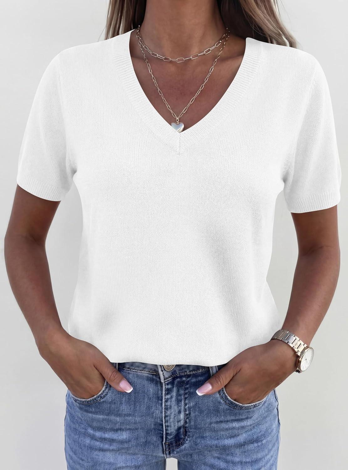 imagePRETTYGARDEN Womens Short Sleeve Sweater V Neck Trendy Pullover Tops 2026 Summer Spring Loose Lightweight Casual BlouseWhite