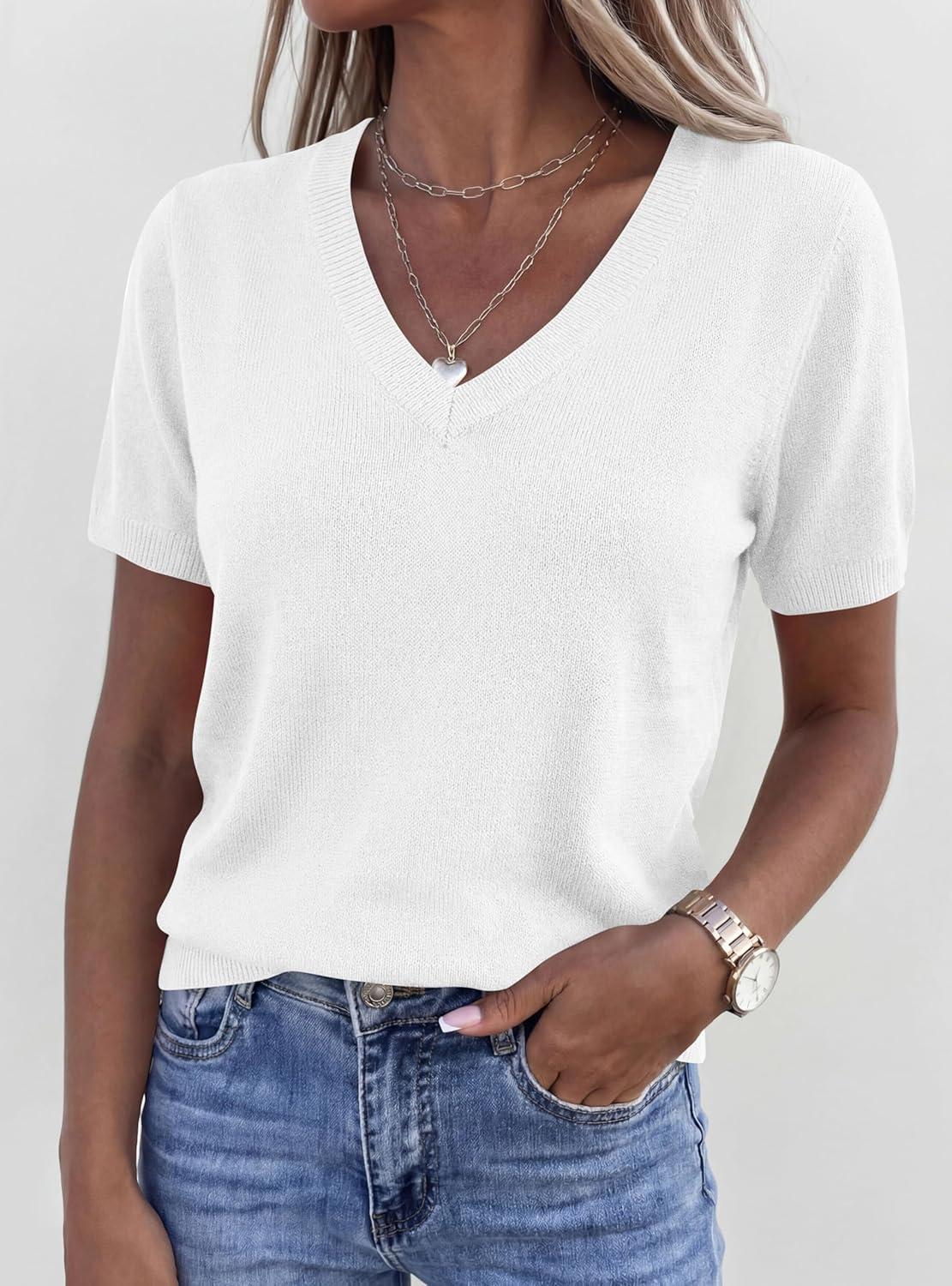 imagePRETTYGARDEN Womens Short Sleeve Sweater V Neck Trendy Pullover Tops 2026 Summer Spring Loose Lightweight Casual BlouseWhite