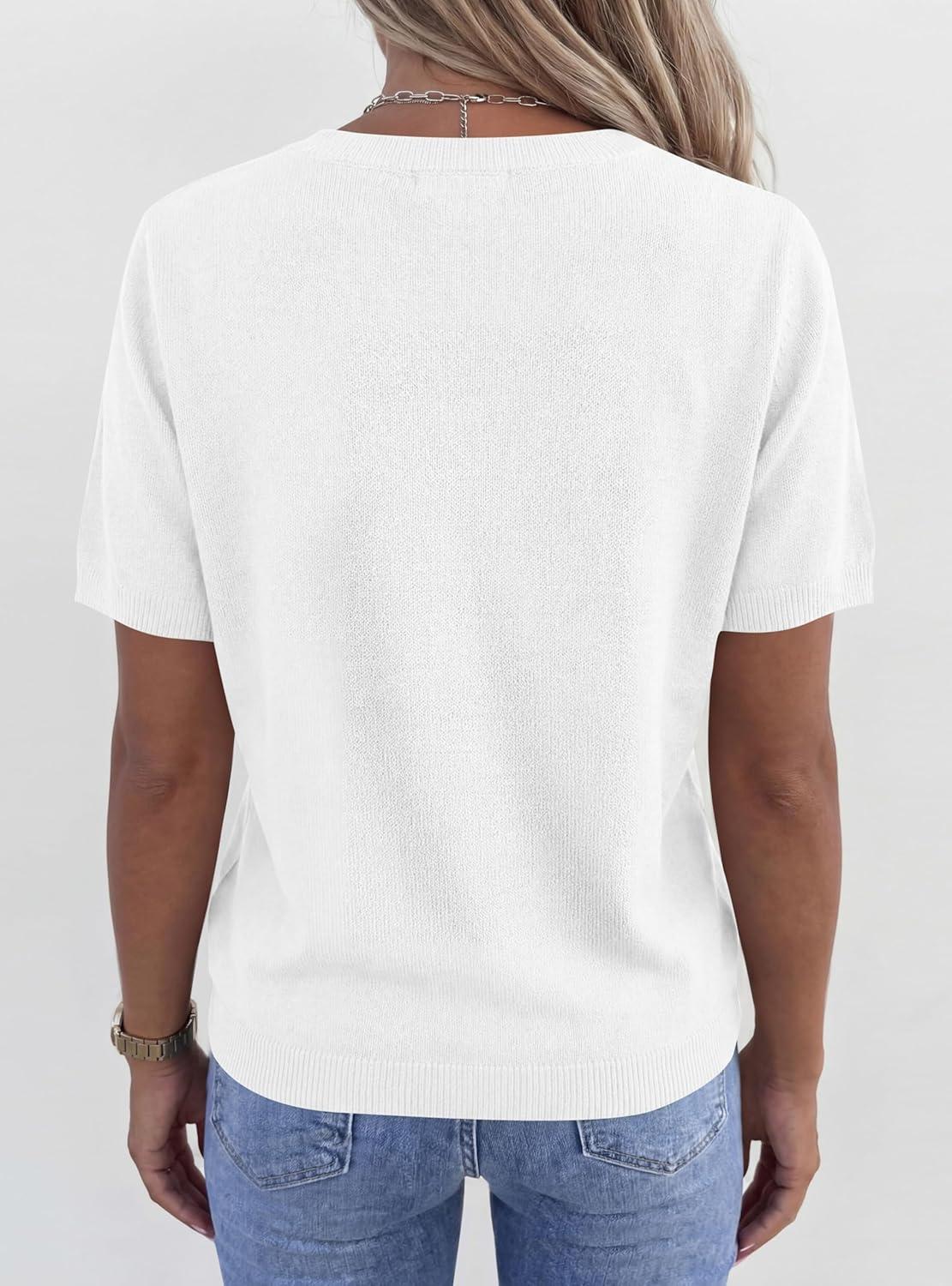imagePRETTYGARDEN Womens Short Sleeve Sweater V Neck Trendy Pullover Tops 2026 Summer Spring Loose Lightweight Casual BlouseWhite