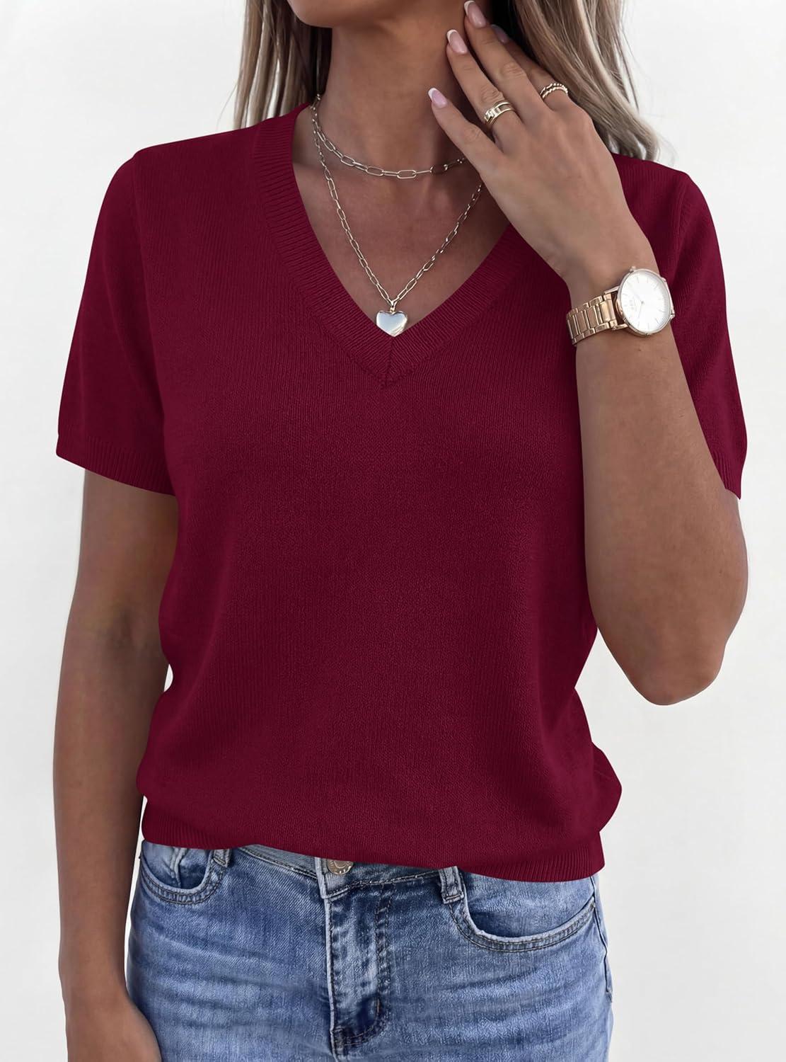 imagePRETTYGARDEN Womens Short Sleeve Sweater V Neck Trendy Pullover Tops 2026 Summer Spring Loose Lightweight Casual BlouseWine Red