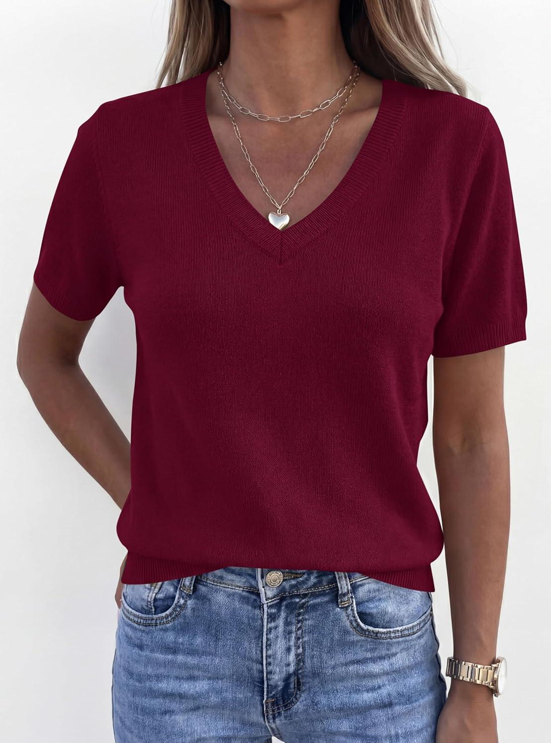 imagePRETTYGARDEN Womens Short Sleeve Sweater V Neck Trendy Pullover Tops 2026 Summer Spring Loose Lightweight Casual BlouseWine Red