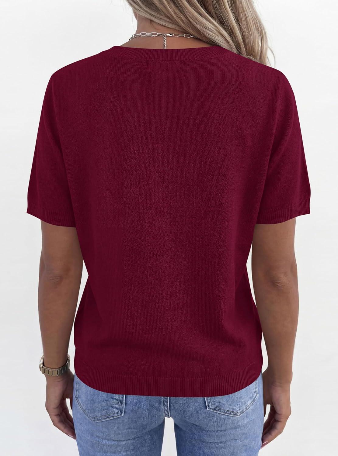imagePRETTYGARDEN Womens Short Sleeve Sweater V Neck Trendy Pullover Tops 2026 Summer Spring Loose Lightweight Casual BlouseWine Red