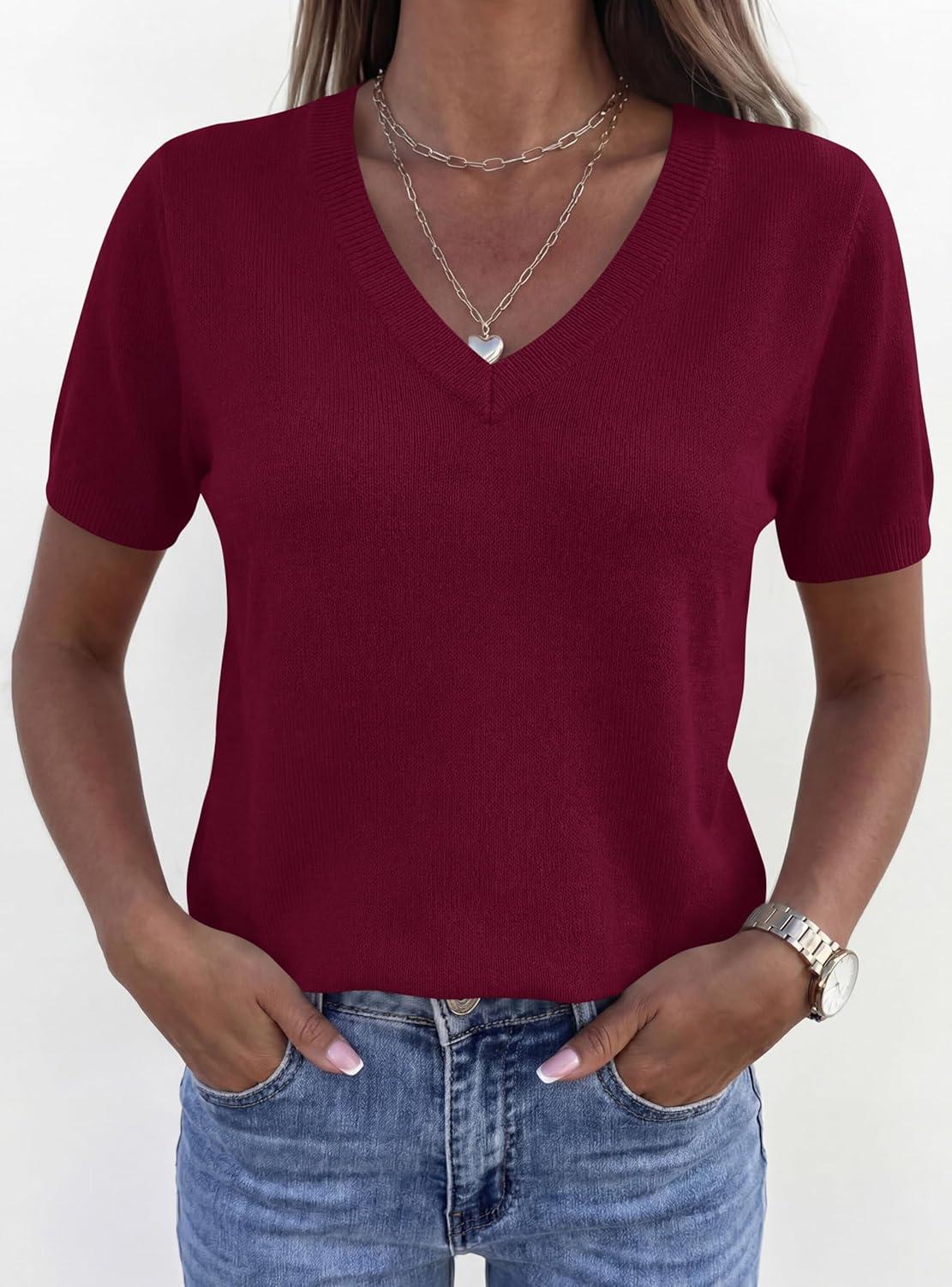 imagePRETTYGARDEN Womens Short Sleeve Sweater V Neck Trendy Pullover Tops 2026 Summer Spring Loose Lightweight Casual BlouseWine Red