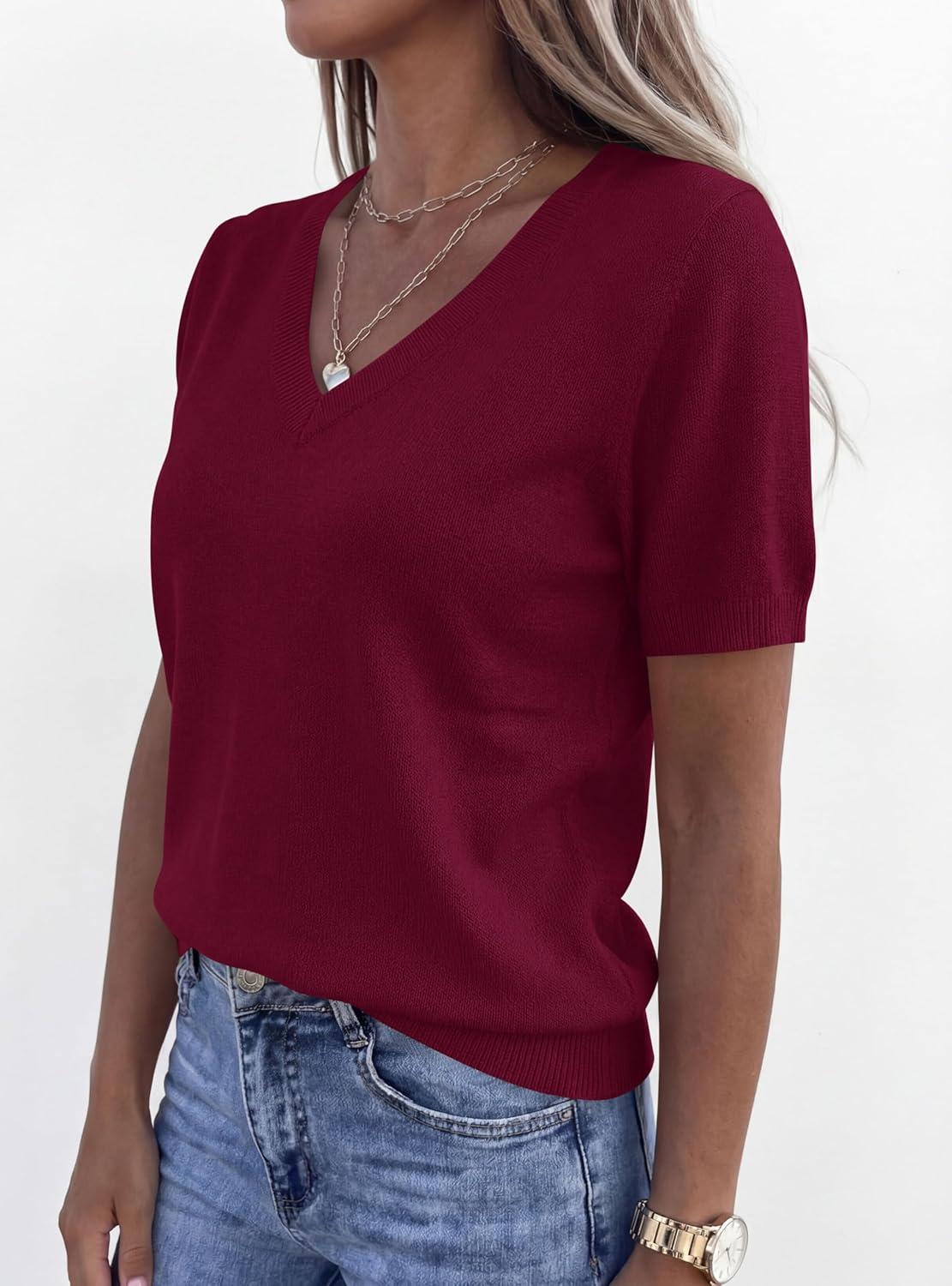 imagePRETTYGARDEN Womens Short Sleeve Sweater V Neck Trendy Pullover Tops 2026 Summer Spring Loose Lightweight Casual BlouseWine Red