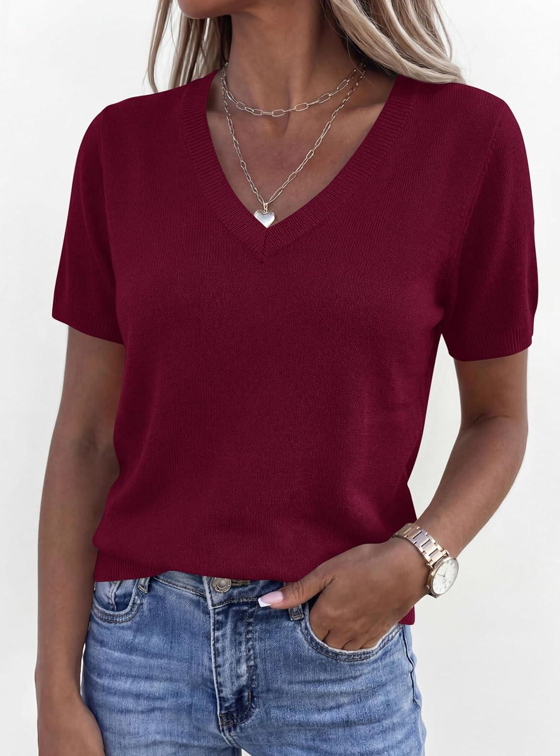 imagePRETTYGARDEN Womens Short Sleeve Sweater V Neck Trendy Pullover Tops 2026 Summer Spring Loose Lightweight Casual BlouseWine Red
