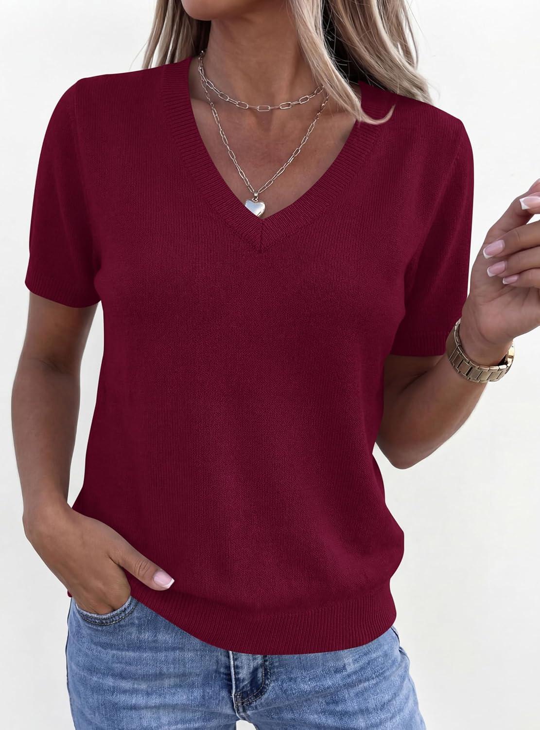 imagePRETTYGARDEN Womens Short Sleeve Sweater V Neck Trendy Pullover Tops 2026 Summer Spring Loose Lightweight Casual BlouseWine Red