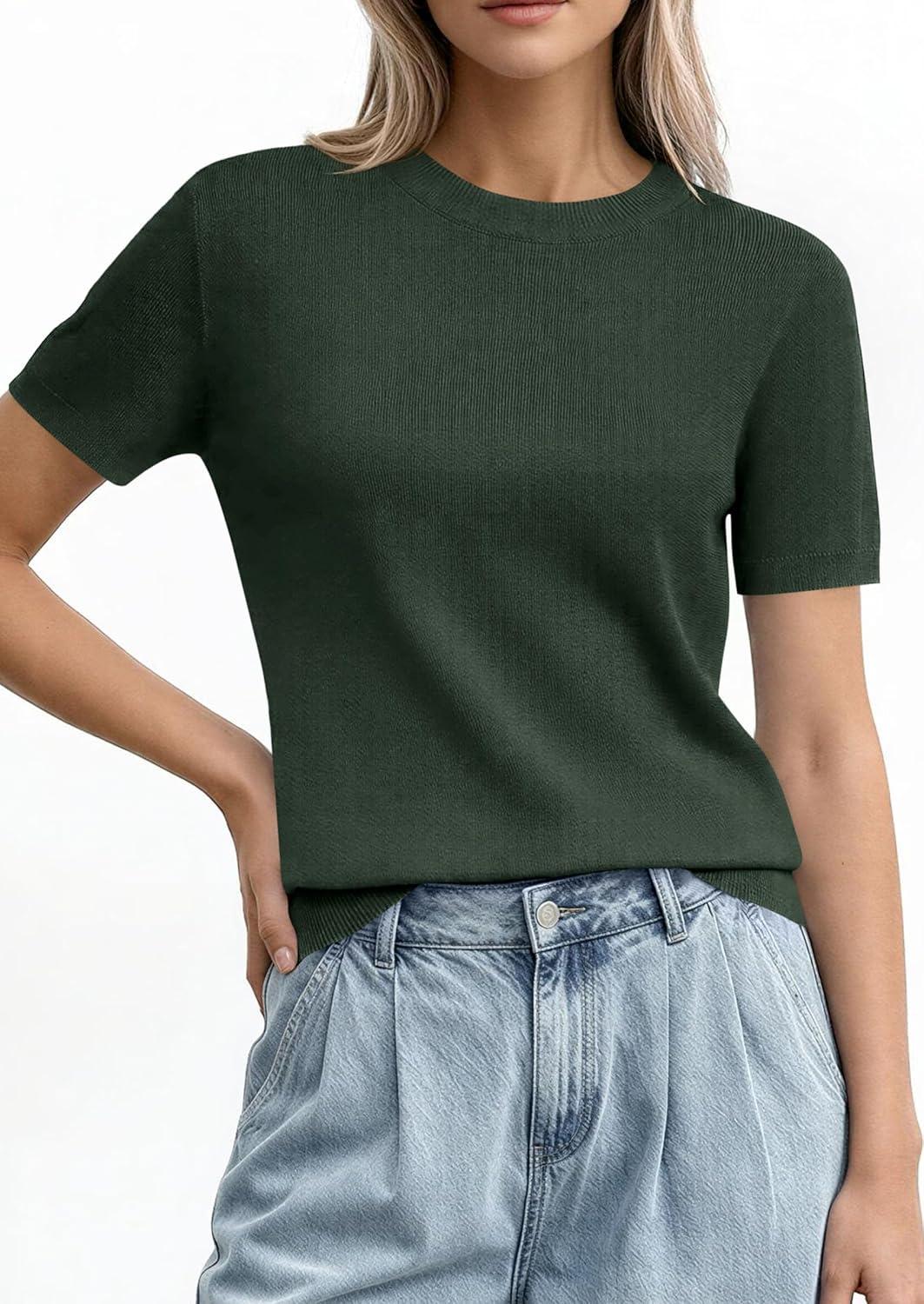 imagePRETTYGARDEN Womens Short Sleeve Sweaters 2026 Spring Crew Neck Knit Work Shirts Business Casual Tops Summer Fashion ClothesArmy Green