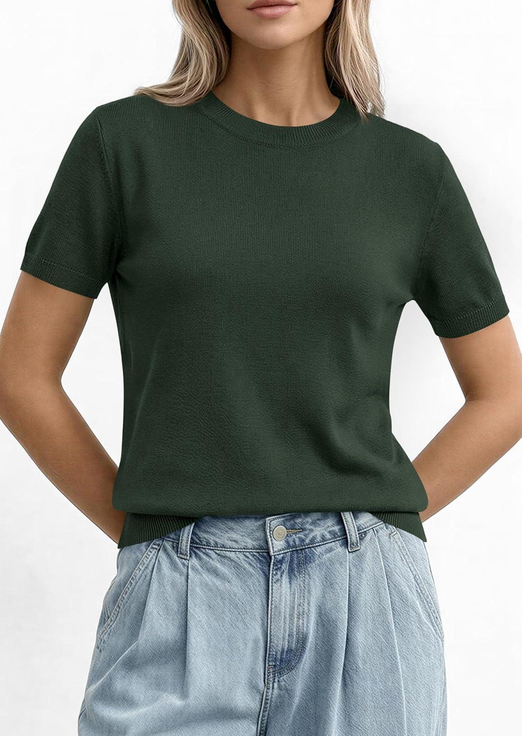 imagePRETTYGARDEN Womens Short Sleeve Sweaters 2026 Spring Crew Neck Knit Work Shirts Business Casual Tops Summer Fashion ClothesArmy Green