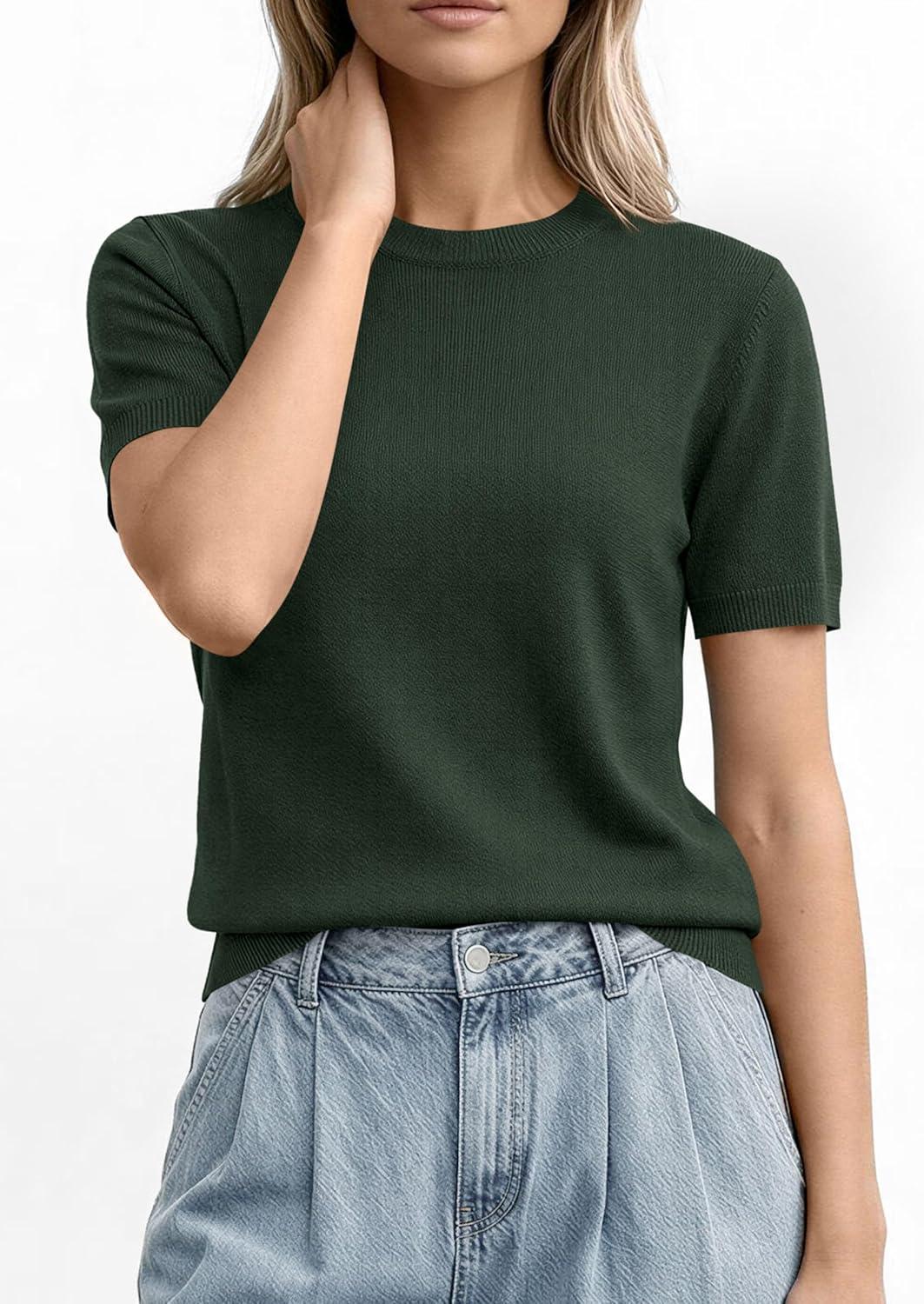 imagePRETTYGARDEN Womens Short Sleeve Sweaters 2026 Spring Crew Neck Knit Work Shirts Business Casual Tops Summer Fashion ClothesArmy Green