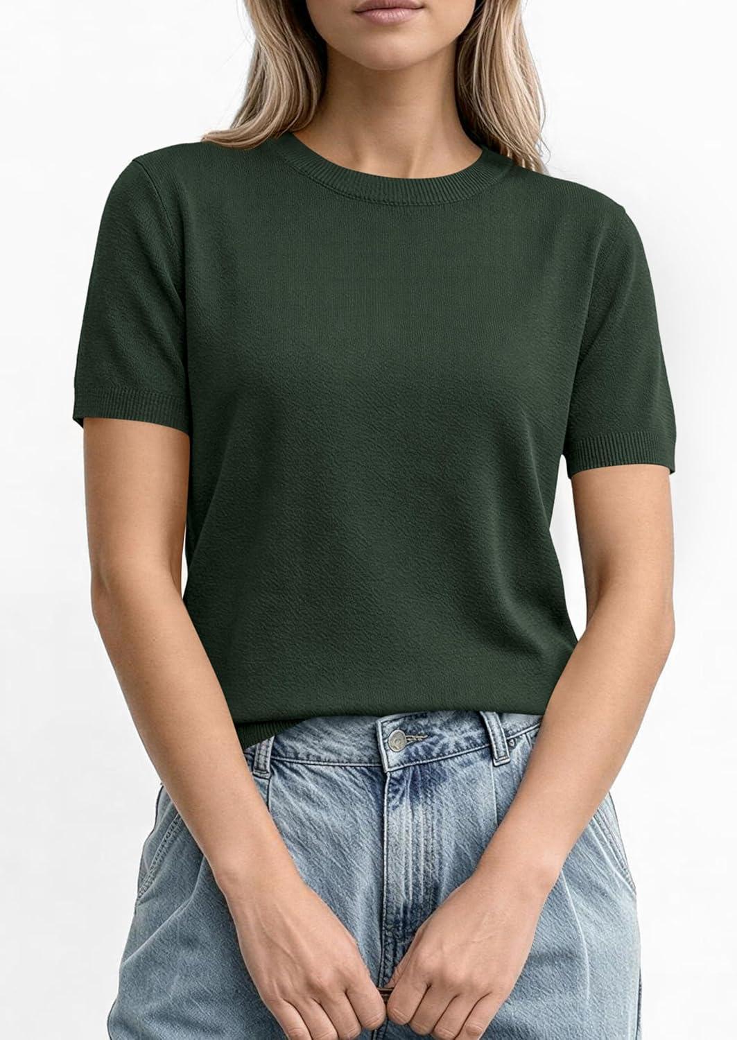 imagePRETTYGARDEN Womens Short Sleeve Sweaters 2026 Spring Crew Neck Knit Work Shirts Business Casual Tops Summer Fashion ClothesArmy Green