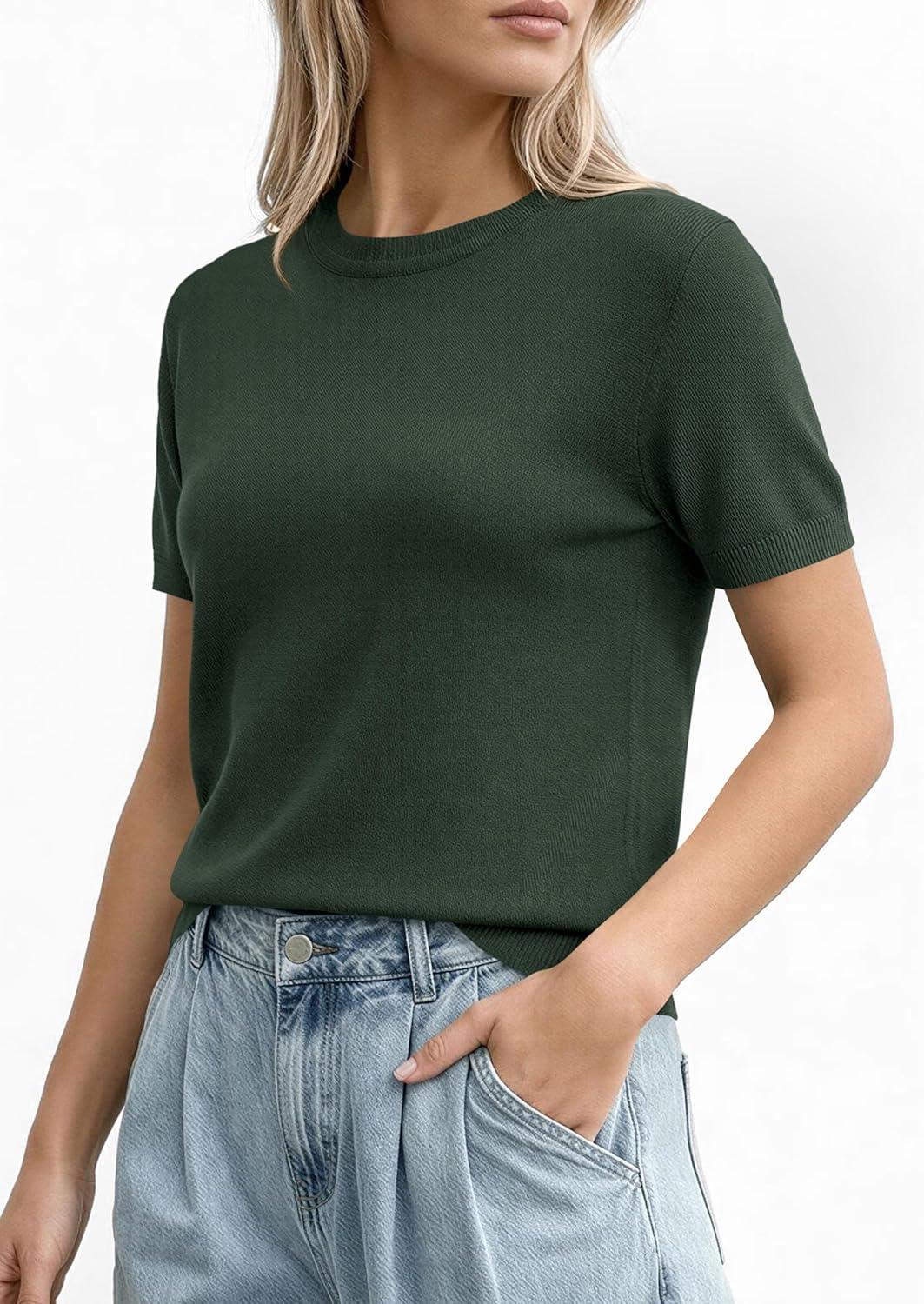 imagePRETTYGARDEN Womens Short Sleeve Sweaters 2026 Spring Crew Neck Knit Work Shirts Business Casual Tops Summer Fashion ClothesArmy Green