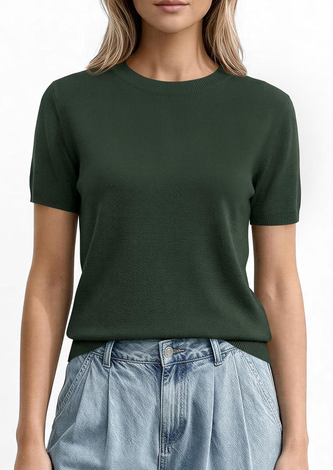 imagePRETTYGARDEN Womens Short Sleeve Sweaters 2026 Spring Crew Neck Knit Work Shirts Business Casual Tops Summer Fashion ClothesArmy Green