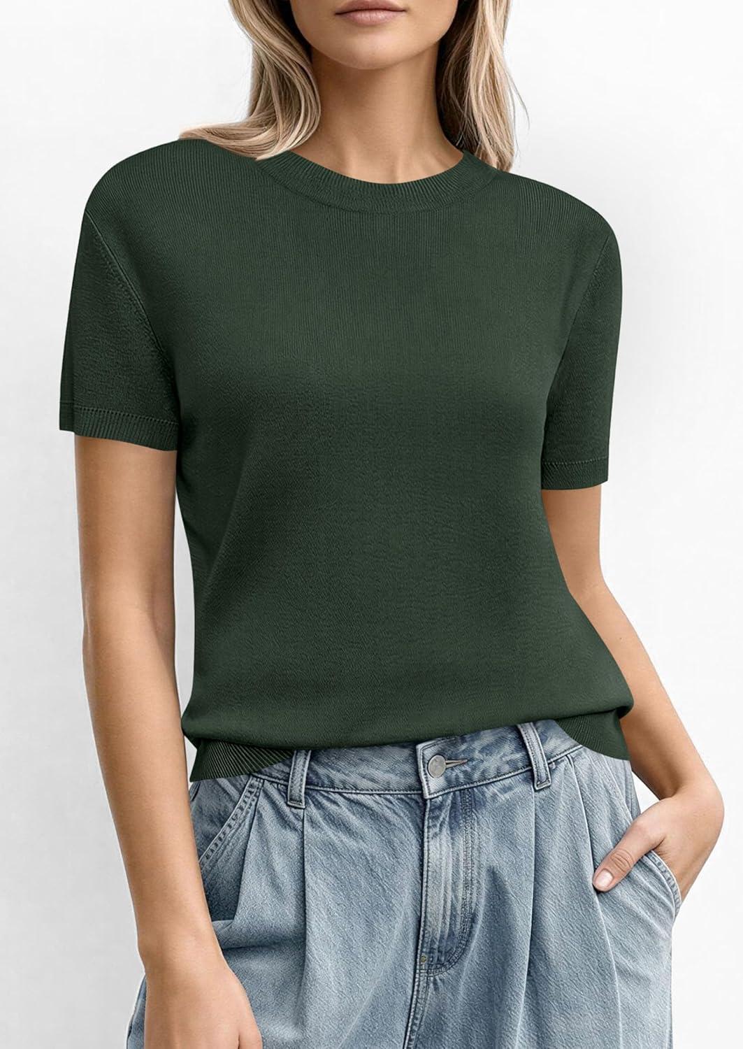 imagePRETTYGARDEN Womens Short Sleeve Sweaters 2026 Spring Crew Neck Knit Work Shirts Business Casual Tops Summer Fashion ClothesArmy Green