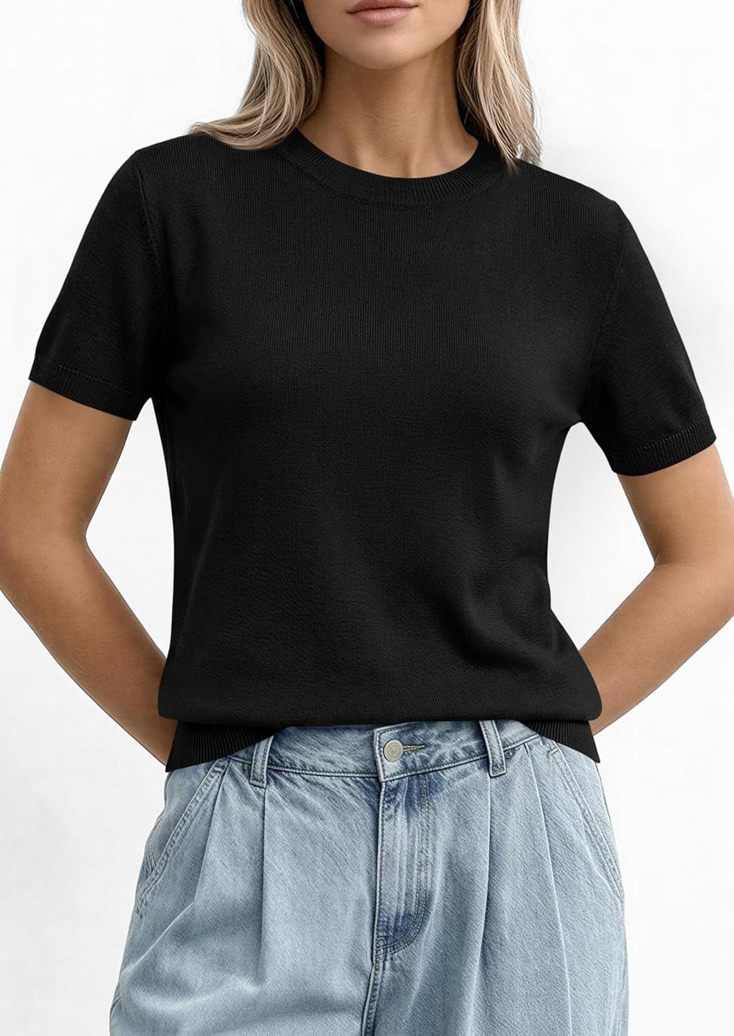 imagePRETTYGARDEN Womens Short Sleeve Sweaters 2026 Spring Crew Neck Knit Work Shirts Business Casual Tops Summer Fashion ClothesBlack