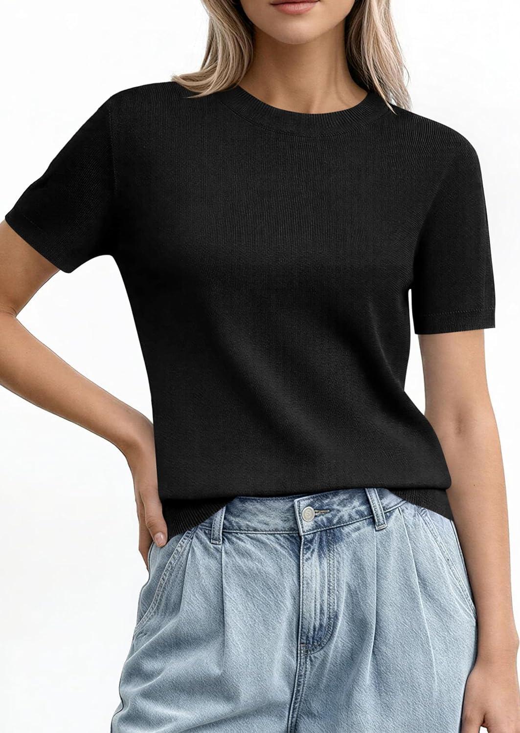 imagePRETTYGARDEN Womens Short Sleeve Sweaters 2026 Spring Crew Neck Knit Work Shirts Business Casual Tops Summer Fashion ClothesBlack