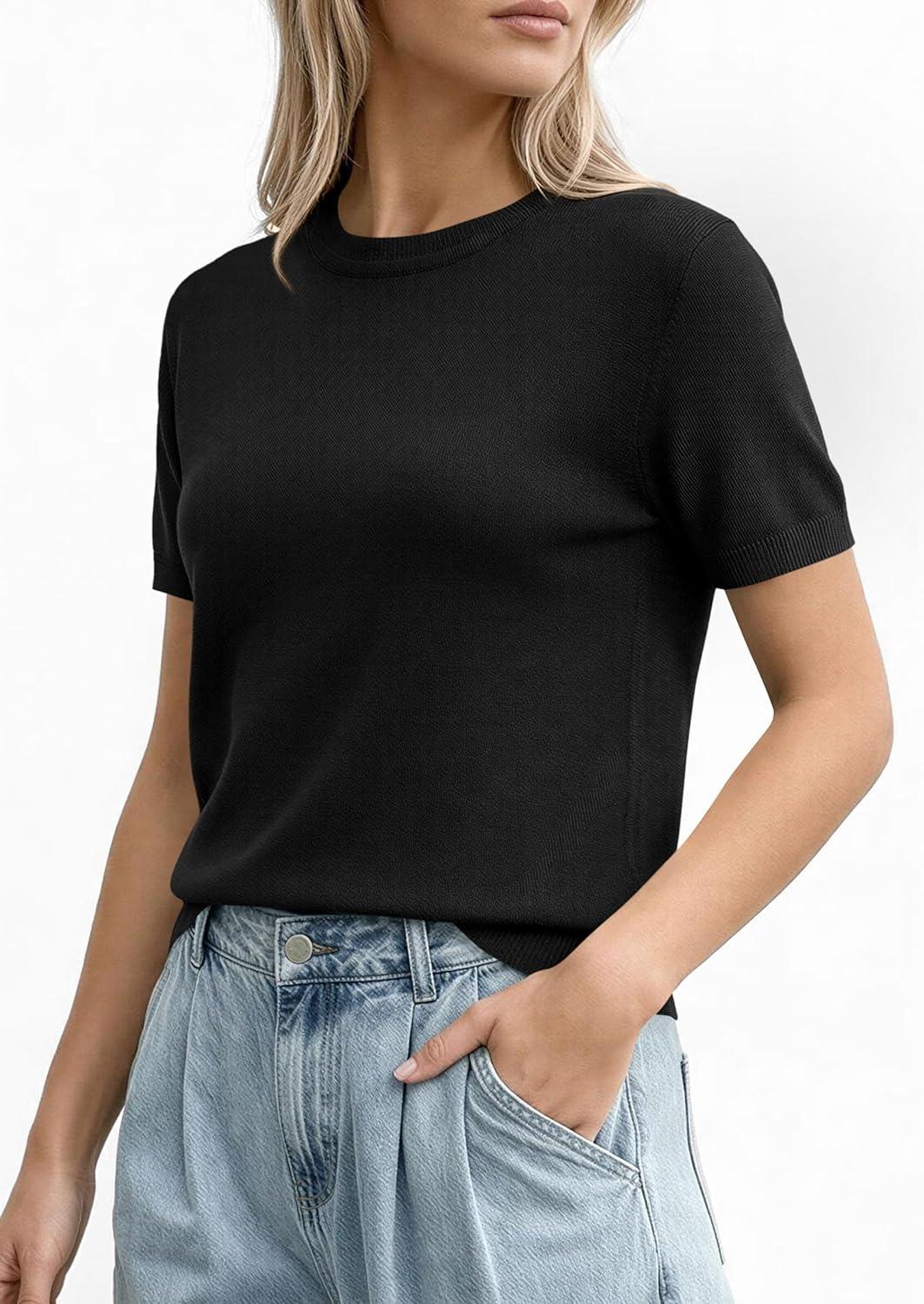 imagePRETTYGARDEN Womens Short Sleeve Sweaters 2026 Spring Crew Neck Knit Work Shirts Business Casual Tops Summer Fashion ClothesBlack