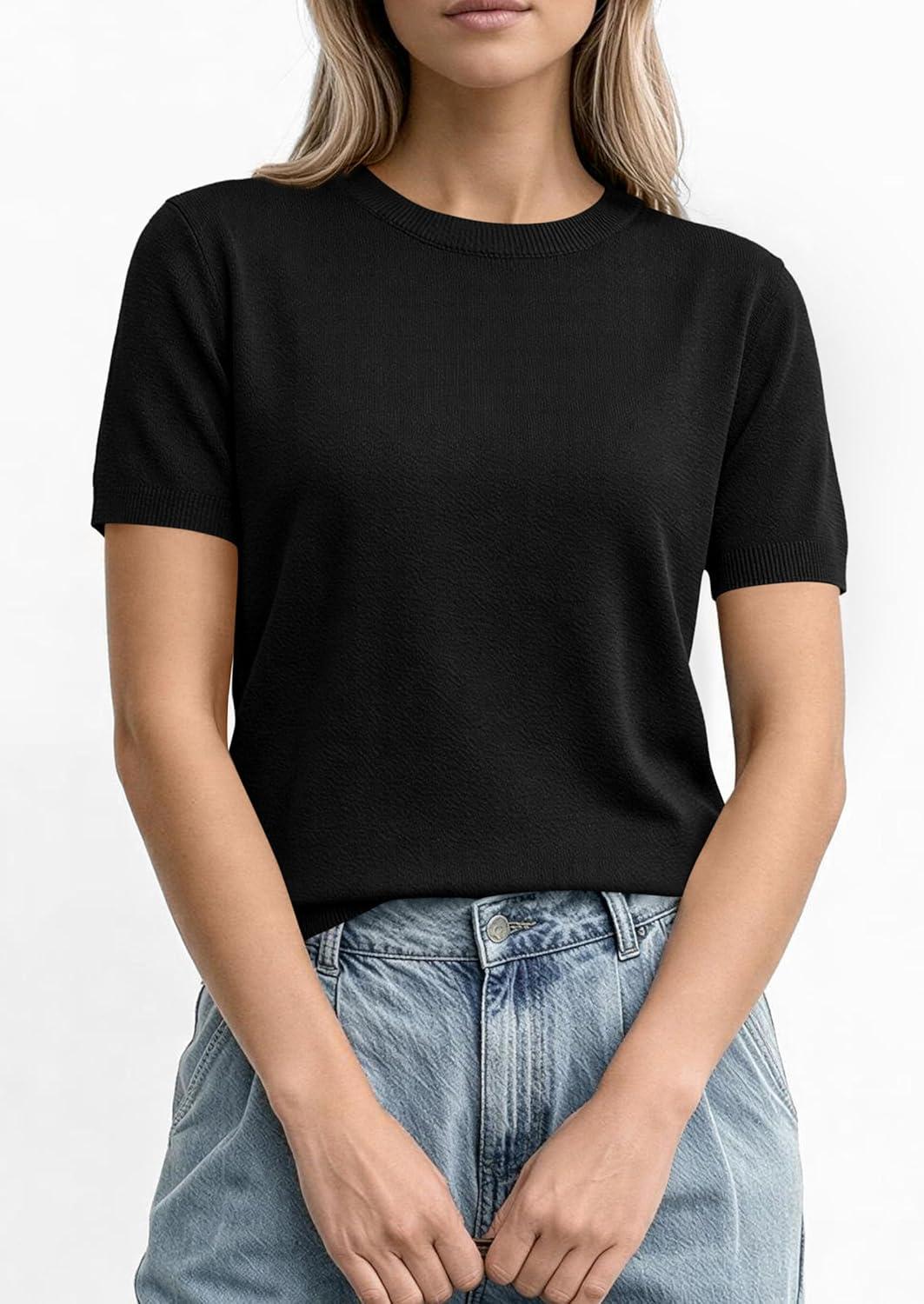 imagePRETTYGARDEN Womens Short Sleeve Sweaters 2026 Spring Crew Neck Knit Work Shirts Business Casual Tops Summer Fashion ClothesBlack