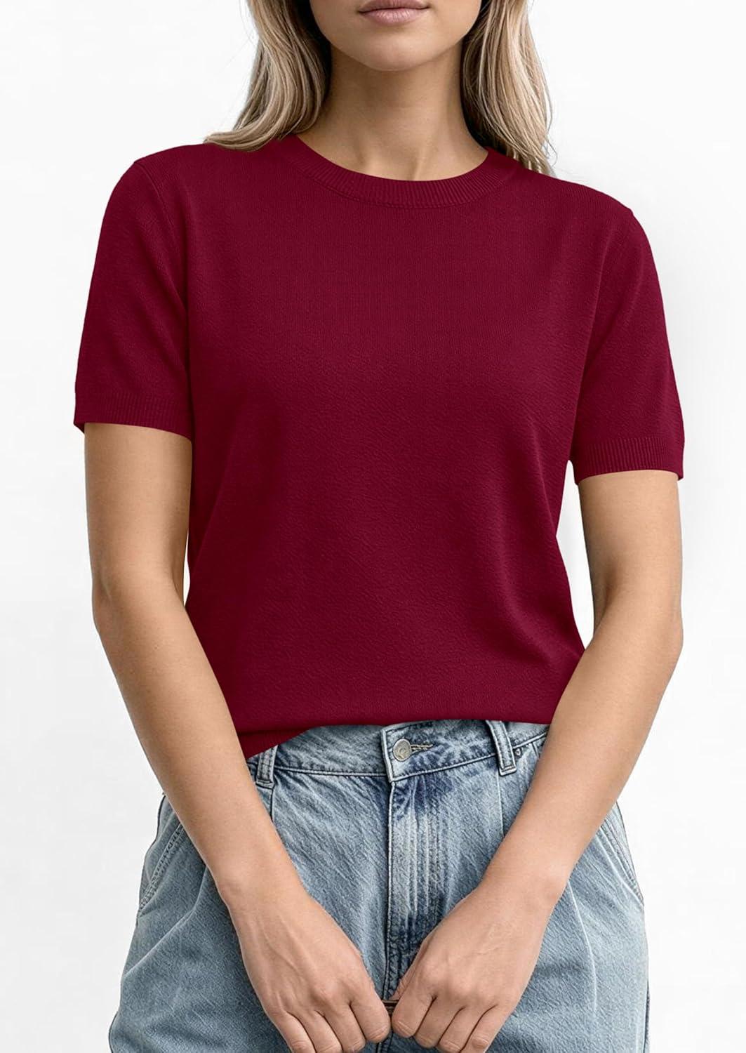 imagePRETTYGARDEN Womens Short Sleeve Sweaters 2026 Spring Crew Neck Knit Work Shirts Business Casual Tops Summer Fashion ClothesBurgundy