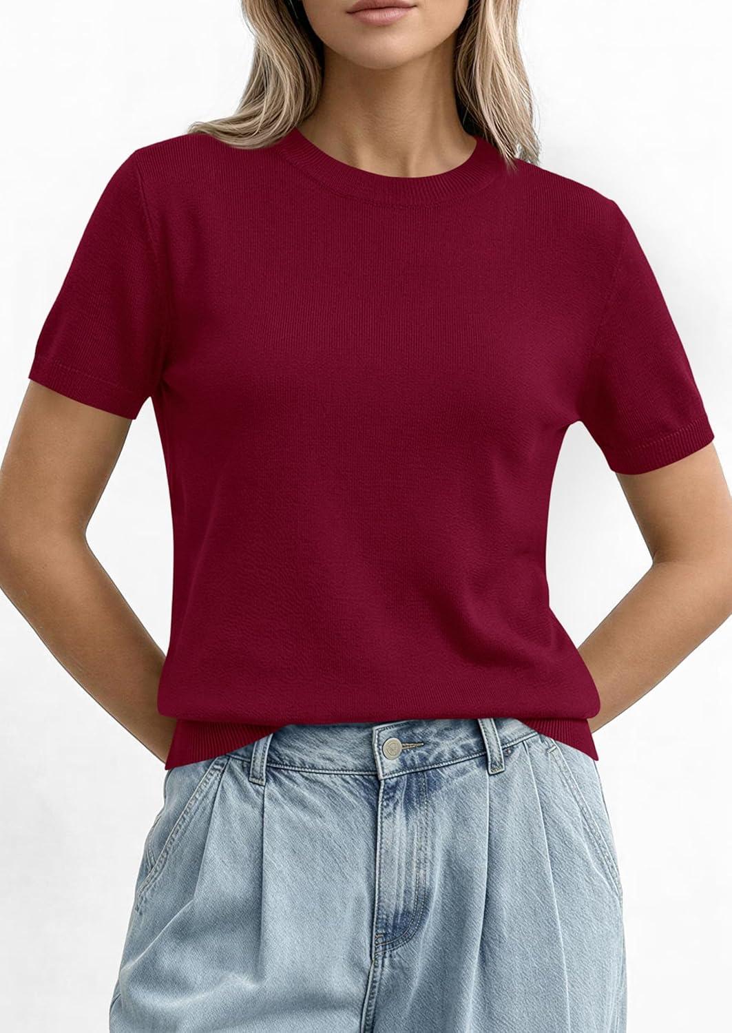 imagePRETTYGARDEN Womens Short Sleeve Sweaters 2026 Spring Crew Neck Knit Work Shirts Business Casual Tops Summer Fashion ClothesBurgundy