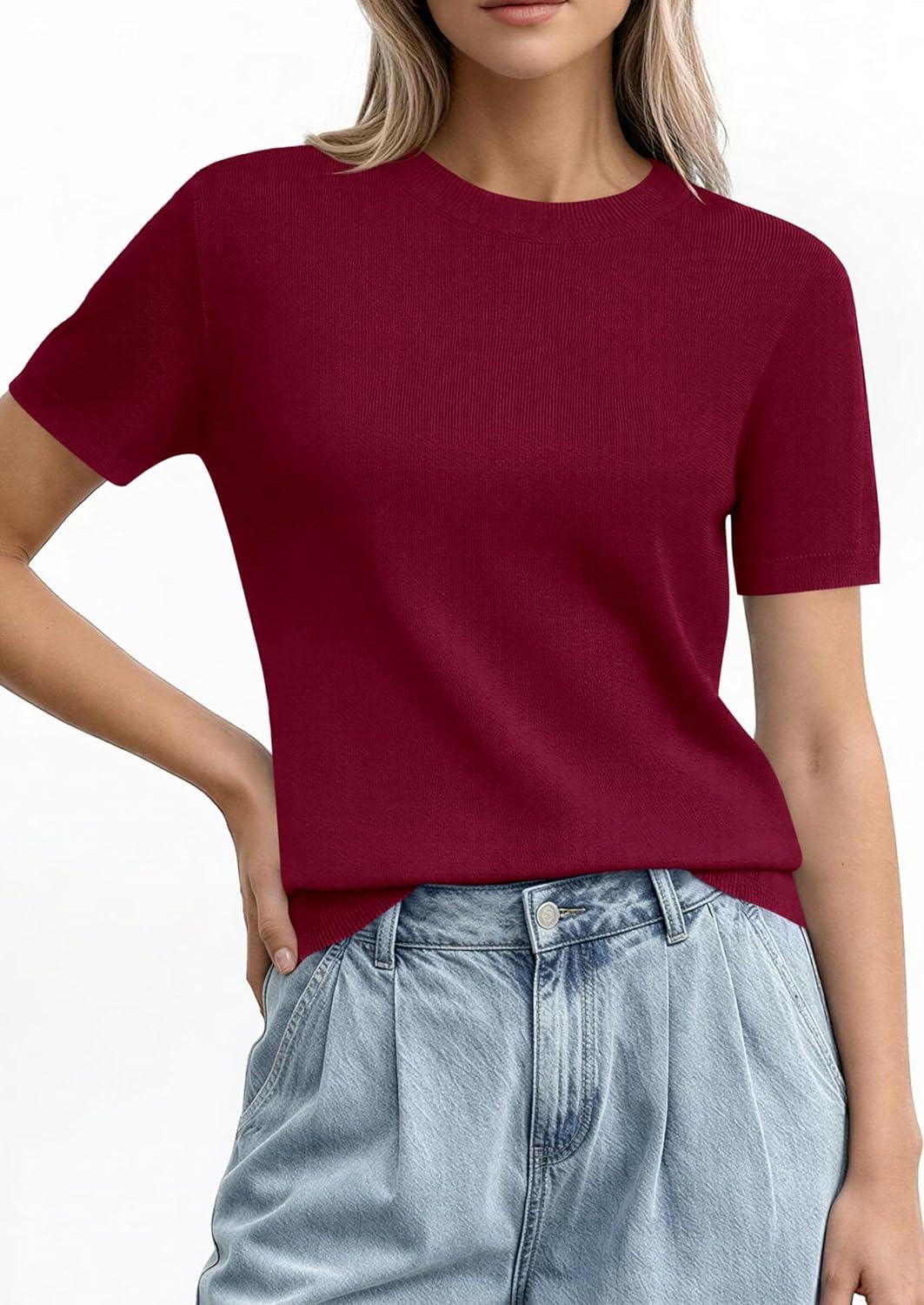 imagePRETTYGARDEN Womens Short Sleeve Sweaters 2026 Spring Crew Neck Knit Work Shirts Business Casual Tops Summer Fashion ClothesBurgundy
