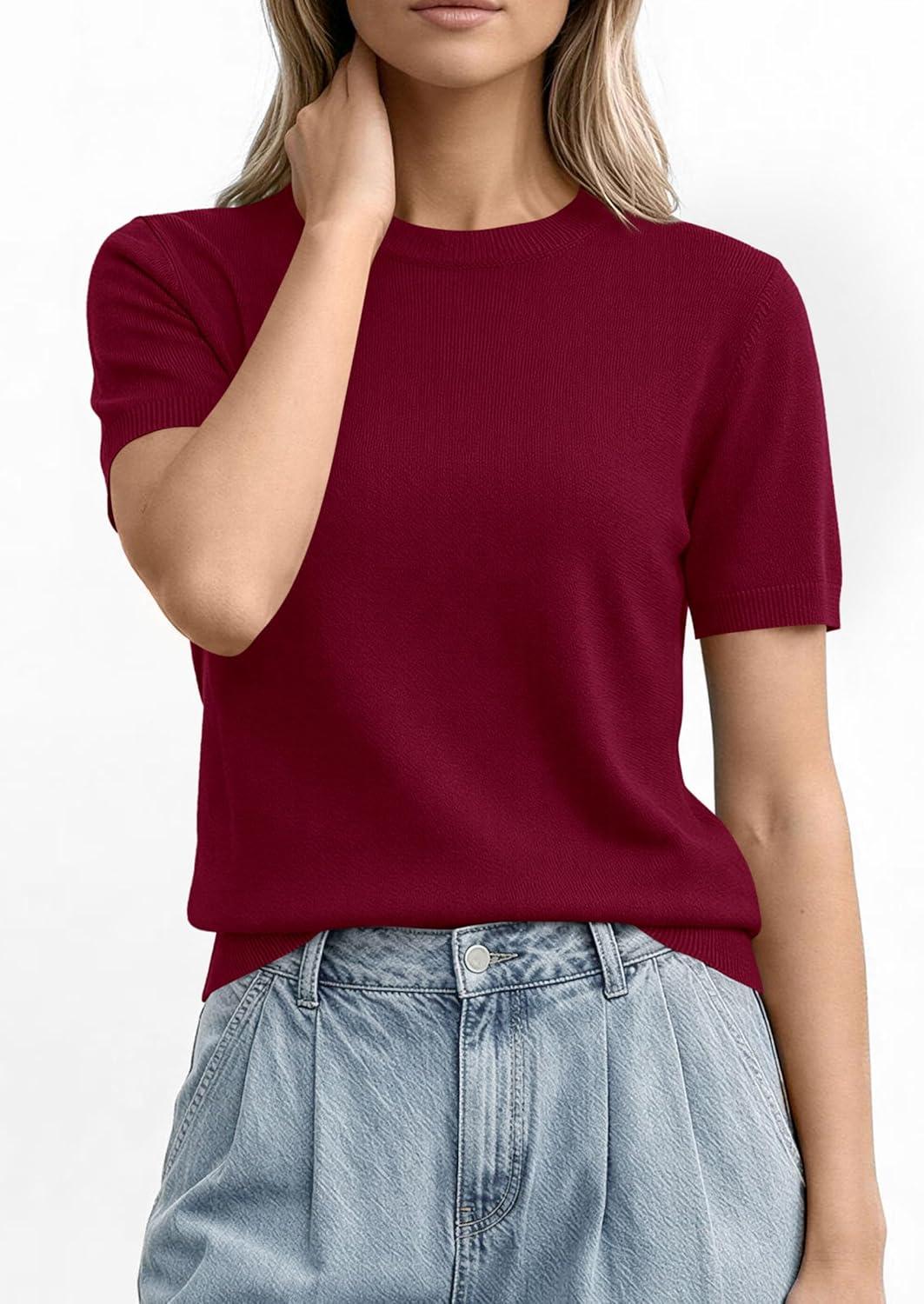 imagePRETTYGARDEN Womens Short Sleeve Sweaters 2026 Spring Crew Neck Knit Work Shirts Business Casual Tops Summer Fashion ClothesBurgundy