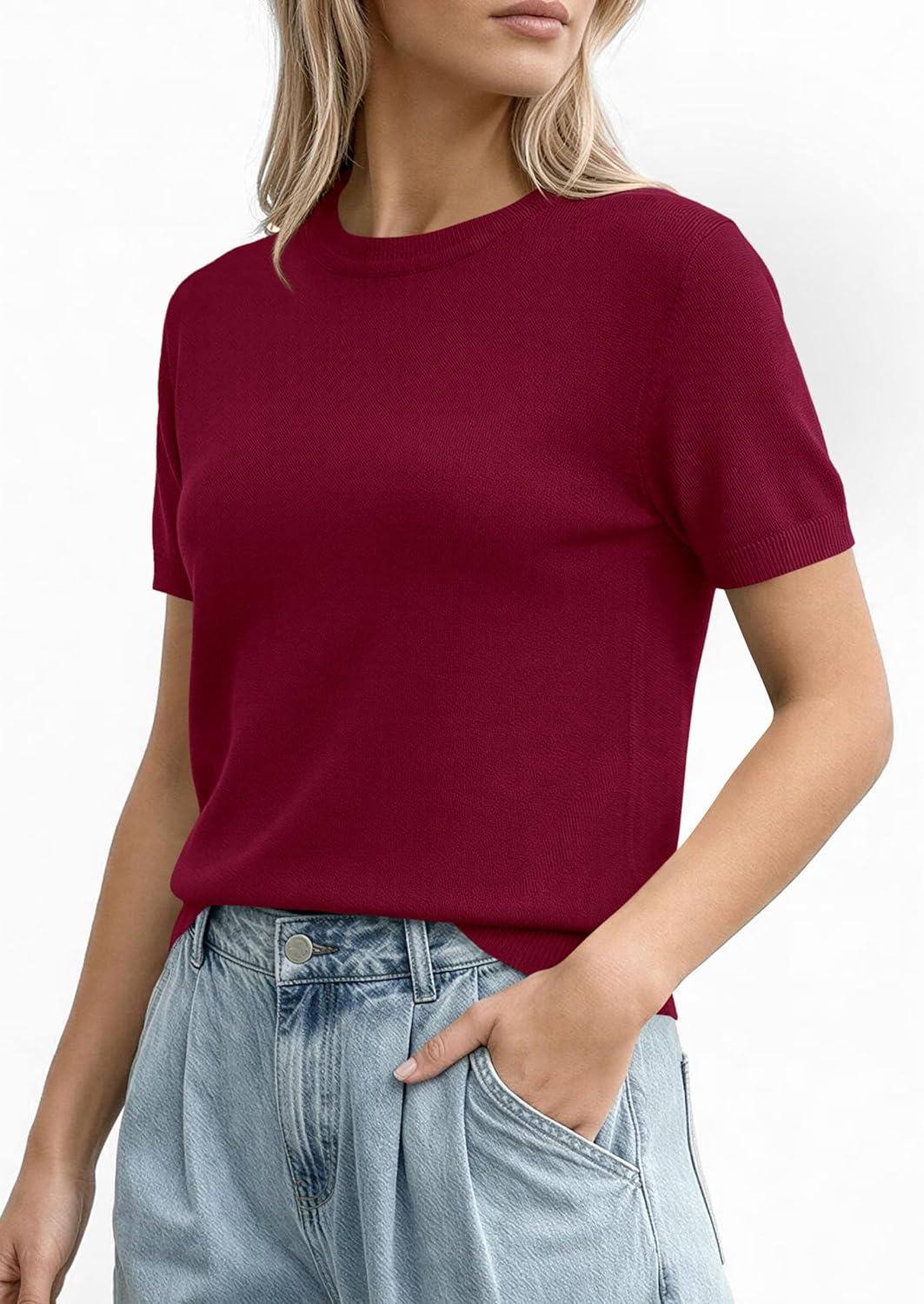 imagePRETTYGARDEN Womens Short Sleeve Sweaters 2026 Spring Crew Neck Knit Work Shirts Business Casual Tops Summer Fashion ClothesBurgundy