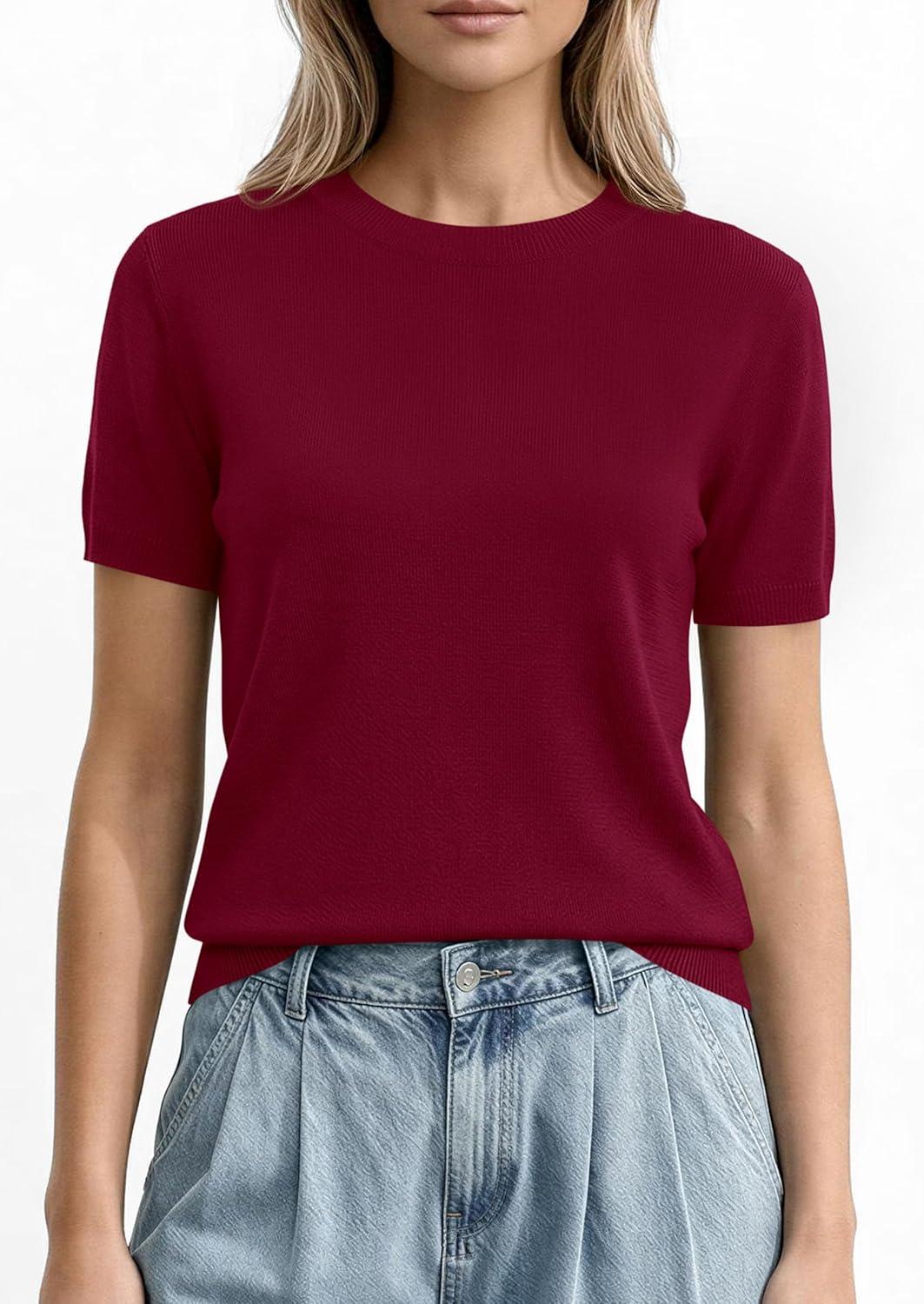 imagePRETTYGARDEN Womens Short Sleeve Sweaters 2026 Spring Crew Neck Knit Work Shirts Business Casual Tops Summer Fashion ClothesBurgundy
