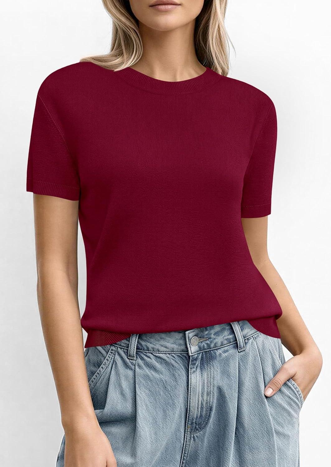 imagePRETTYGARDEN Womens Short Sleeve Sweaters 2026 Spring Crew Neck Knit Work Shirts Business Casual Tops Summer Fashion ClothesBurgundy