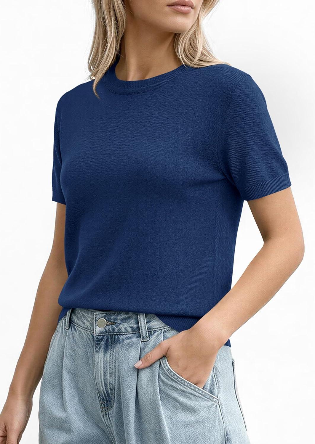 imagePRETTYGARDEN Womens Short Sleeve Sweaters 2026 Spring Crew Neck Knit Work Shirts Business Casual Tops Summer Fashion ClothesNavy Blue