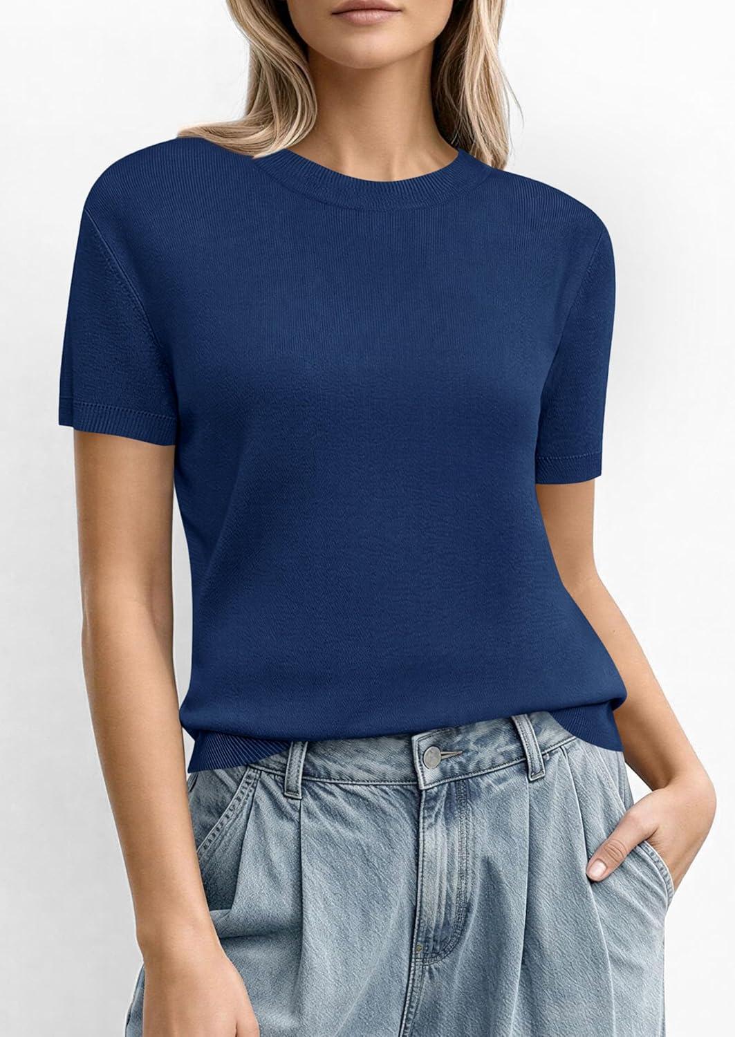 imagePRETTYGARDEN Womens Short Sleeve Sweaters 2026 Spring Crew Neck Knit Work Shirts Business Casual Tops Summer Fashion ClothesNavy Blue