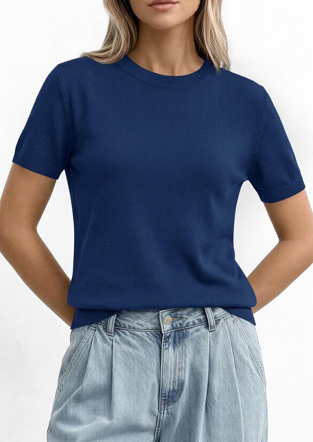 imagePRETTYGARDEN Womens Short Sleeve Sweaters 2026 Spring Crew Neck Knit Work Shirts Business Casual Tops Summer Fashion ClothesNavy Blue