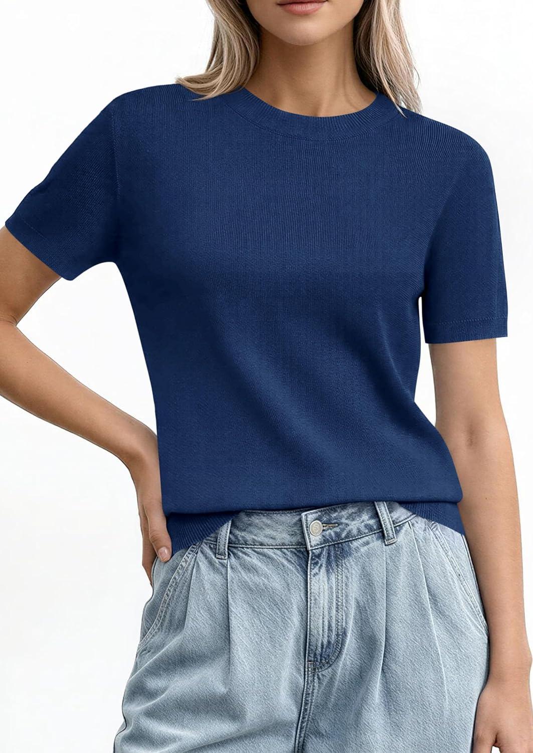 imagePRETTYGARDEN Womens Short Sleeve Sweaters 2026 Spring Crew Neck Knit Work Shirts Business Casual Tops Summer Fashion ClothesNavy Blue