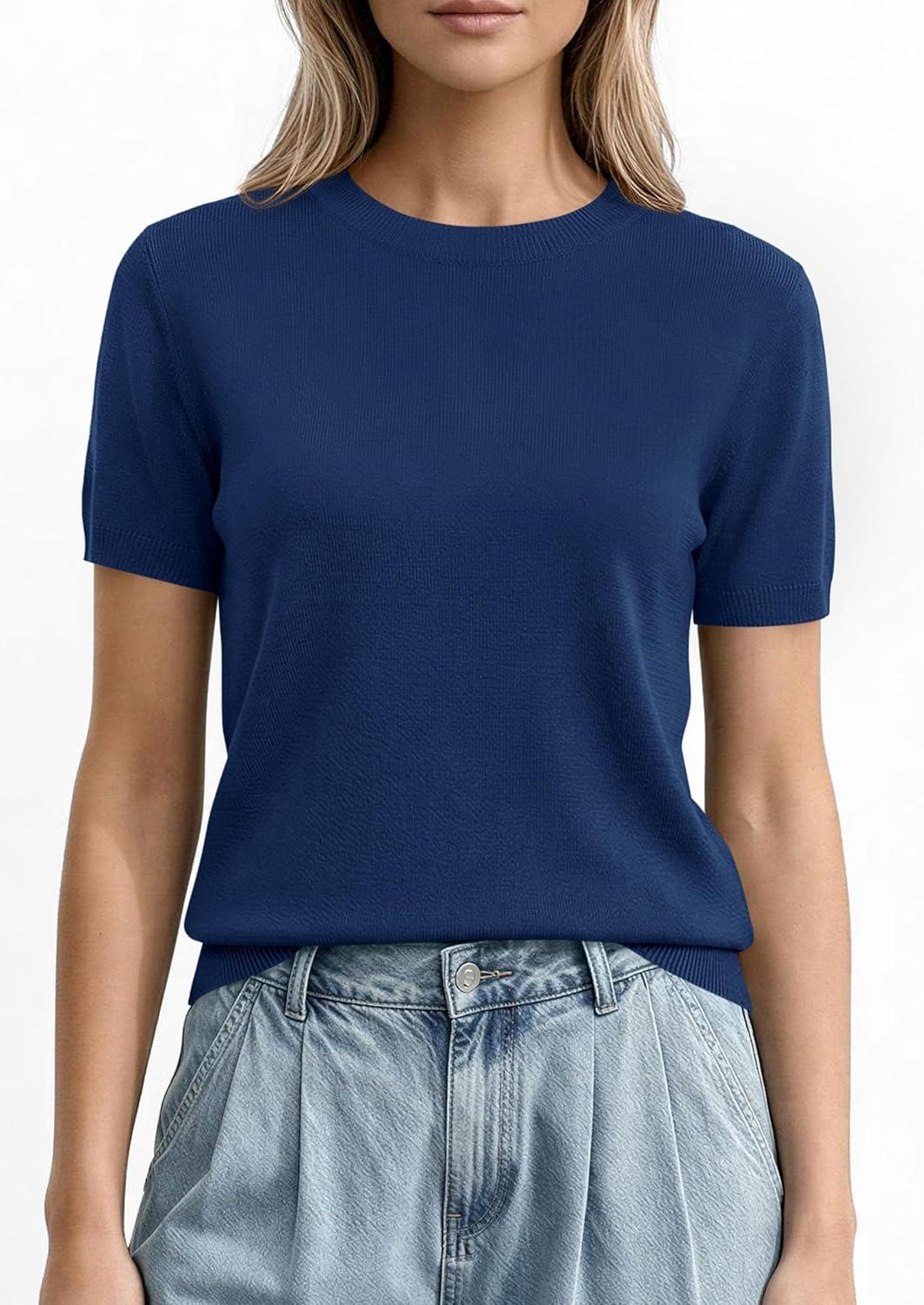 imagePRETTYGARDEN Womens Short Sleeve Sweaters 2026 Spring Crew Neck Knit Work Shirts Business Casual Tops Summer Fashion ClothesNavy Blue