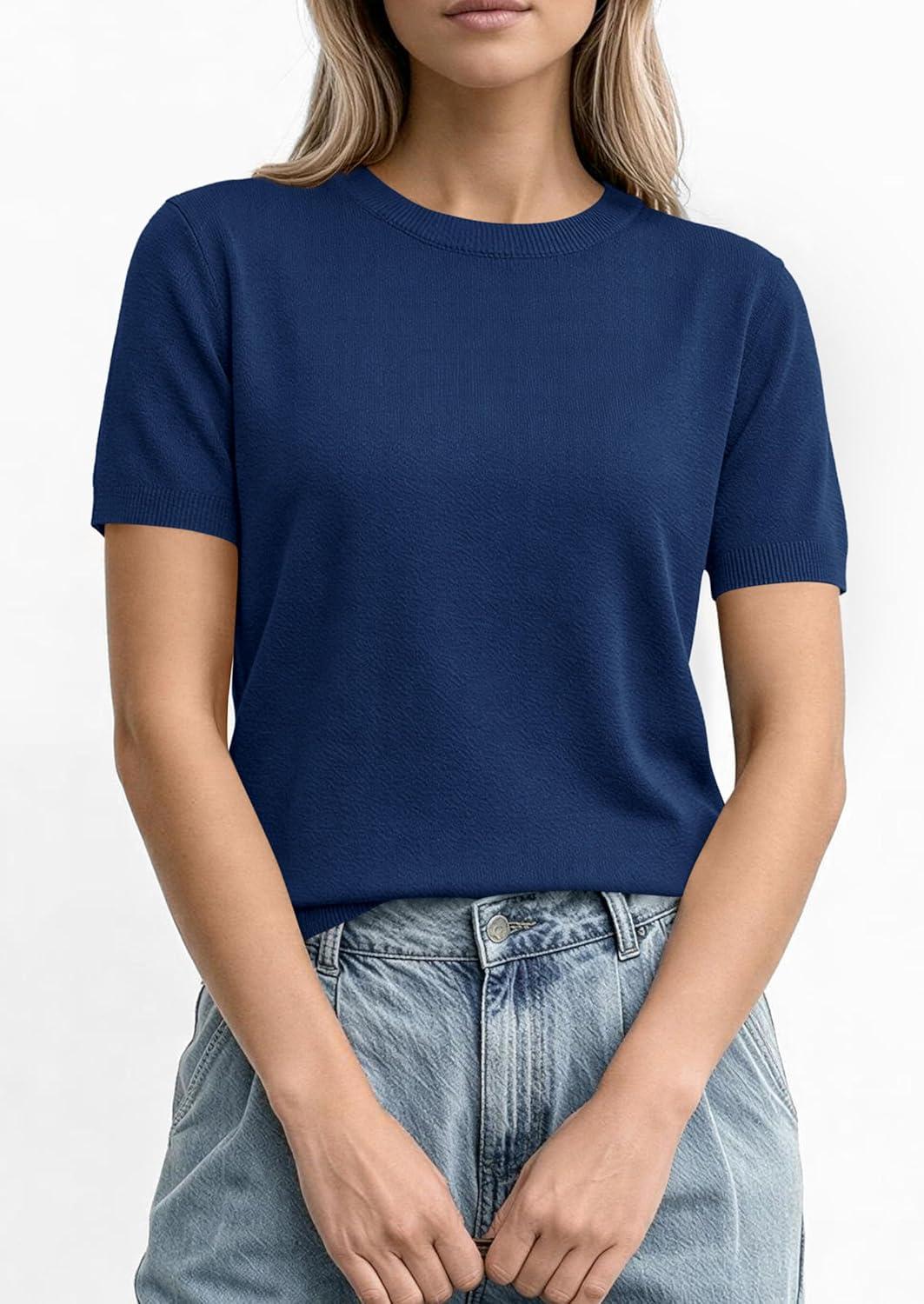 imagePRETTYGARDEN Womens Short Sleeve Sweaters 2026 Spring Crew Neck Knit Work Shirts Business Casual Tops Summer Fashion ClothesNavy Blue