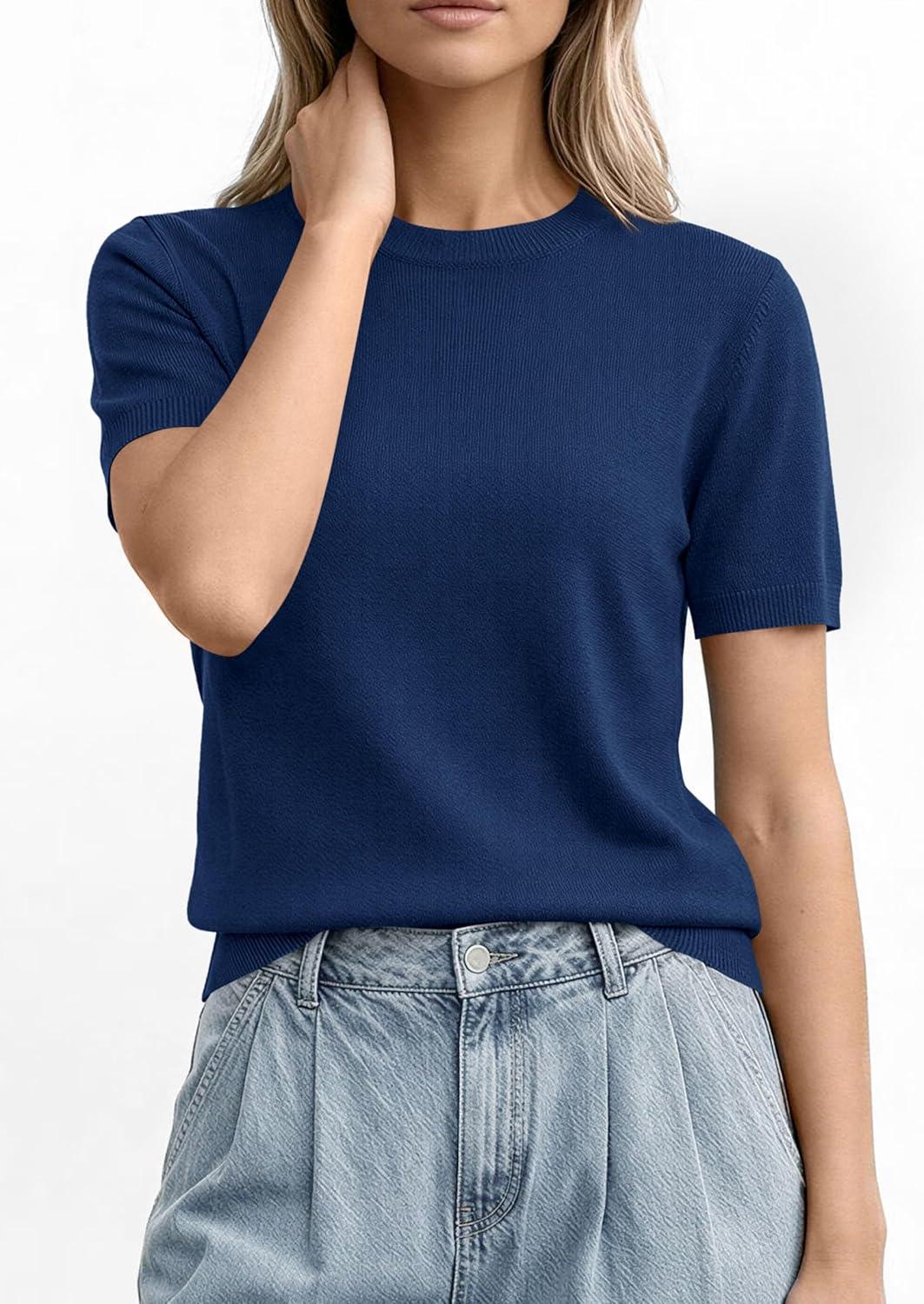 imagePRETTYGARDEN Womens Short Sleeve Sweaters 2026 Spring Crew Neck Knit Work Shirts Business Casual Tops Summer Fashion ClothesNavy Blue