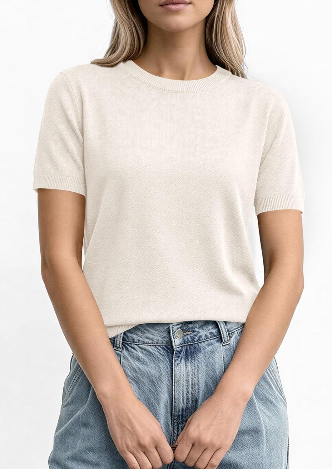 imagePRETTYGARDEN Womens Short Sleeve Sweaters 2026 Spring Crew Neck Knit Work Shirts Business Casual Tops Summer Fashion ClothesWhite
