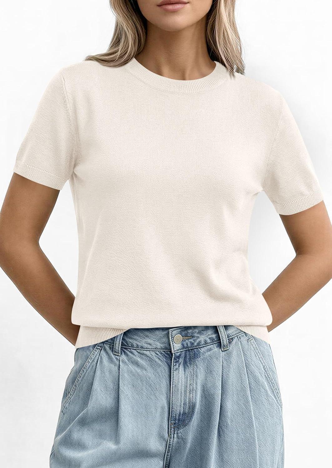 imagePRETTYGARDEN Womens Short Sleeve Sweaters 2026 Spring Crew Neck Knit Work Shirts Business Casual Tops Summer Fashion ClothesWhite